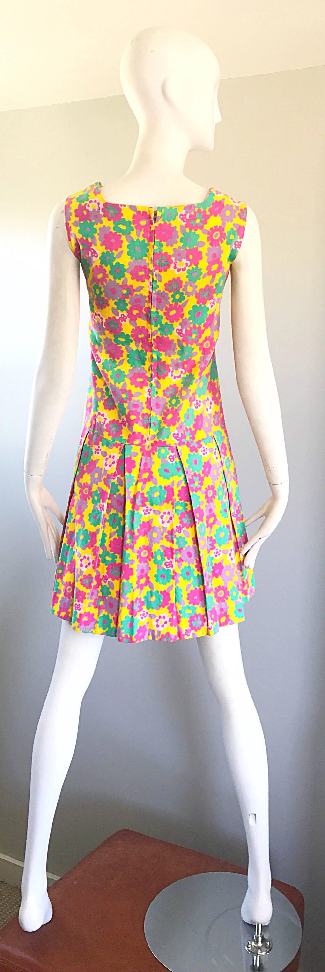 1960s Yellow + Pink + Green Flower Power Cotton Vintage 60s Scooter Dress Twiggy For Sale 1