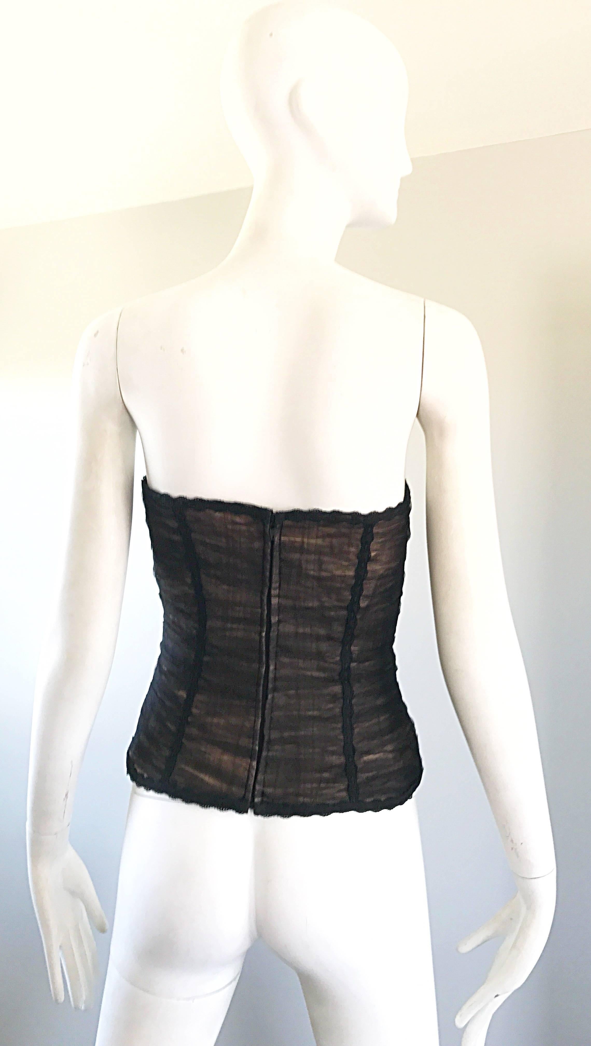 Women's Rene Ruiz Couture Black and Nude Strapless Silk Net Overlay Bustier Corset Top For Sale
