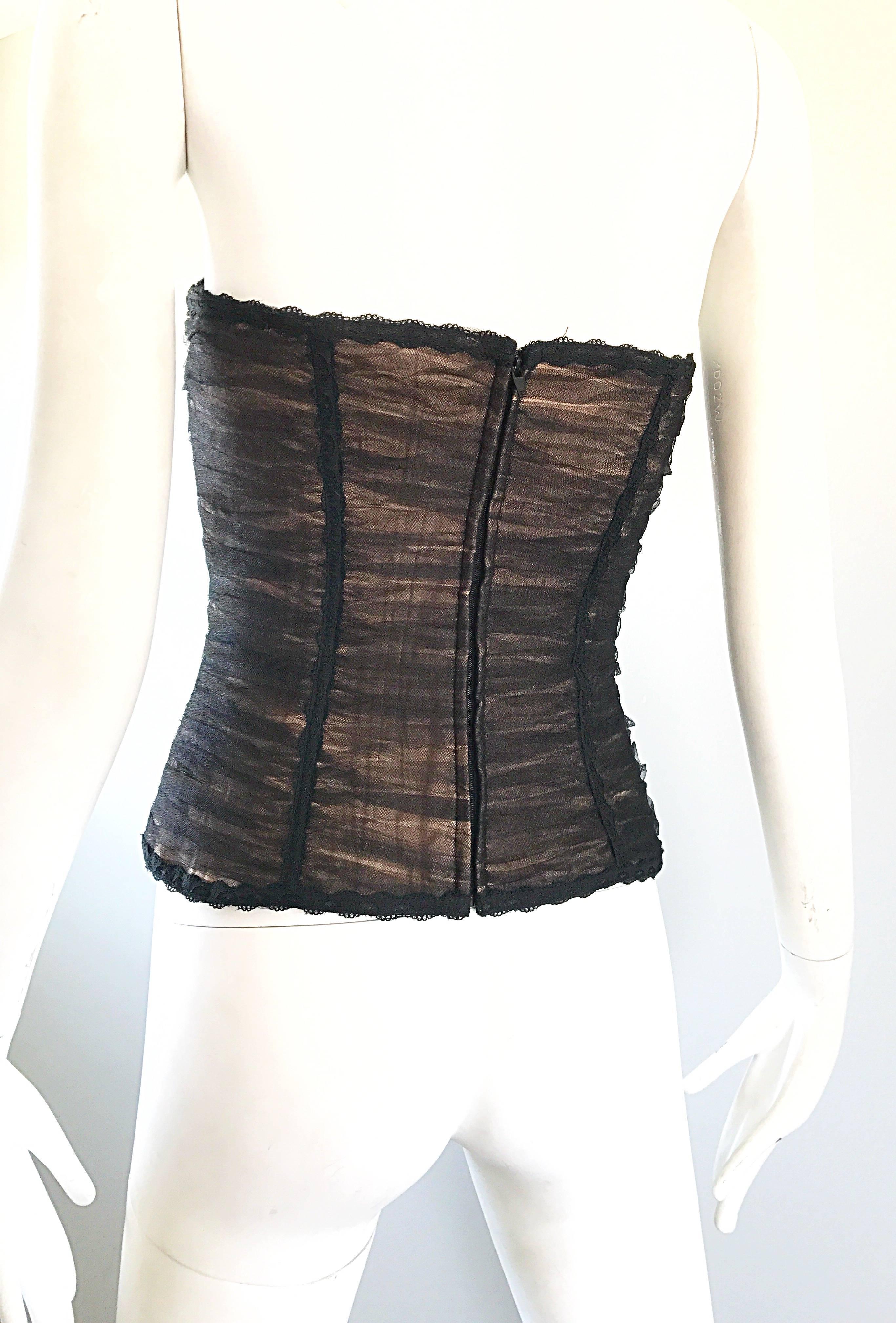 Rene Ruiz Couture Black and Nude Strapless Silk Net Overlay Bustier Corset Top For Sale 1