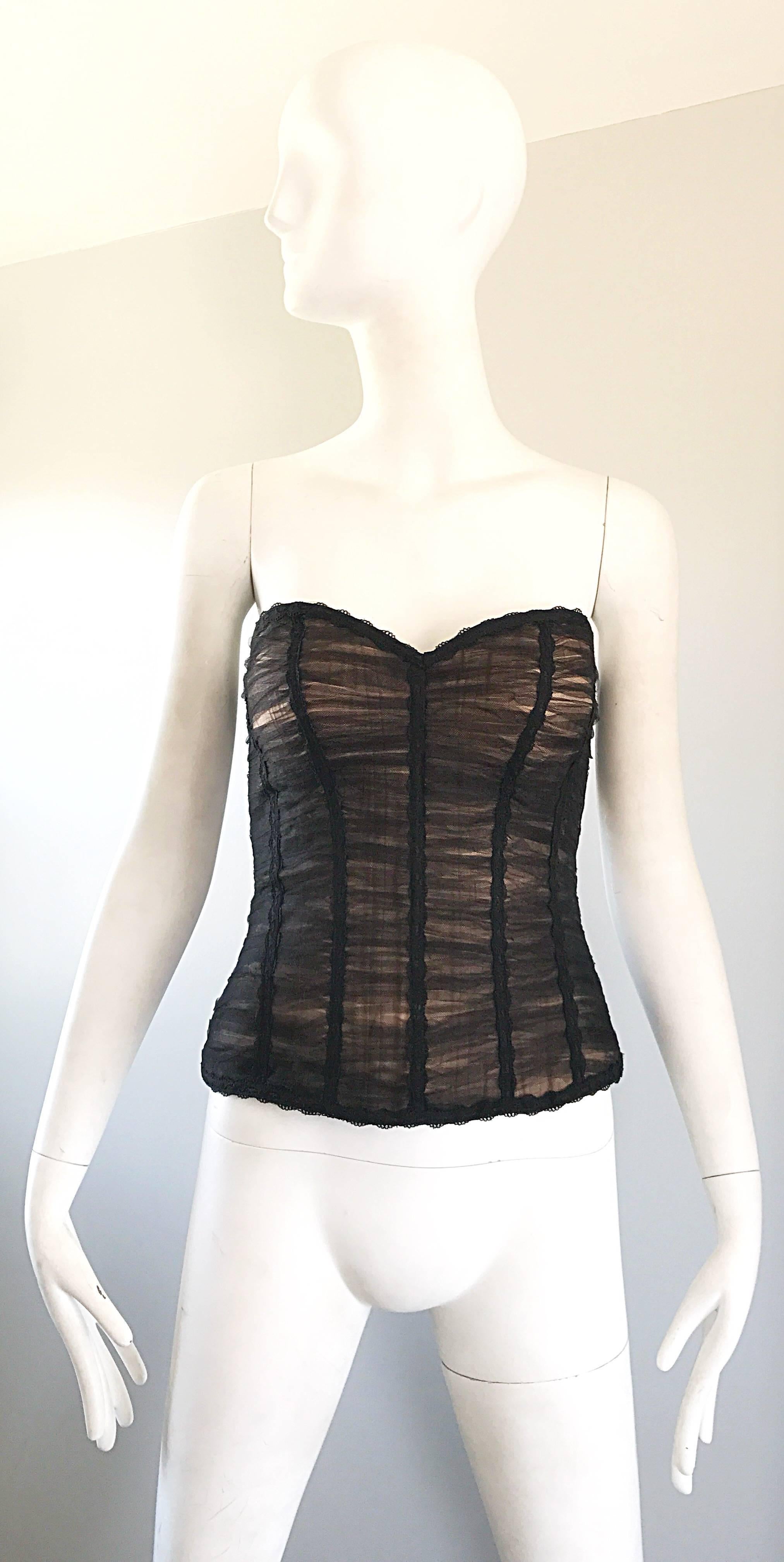 Rene Ruiz Couture Black and Nude Strapless Silk Net Overlay Bustier Corset Top For Sale 2