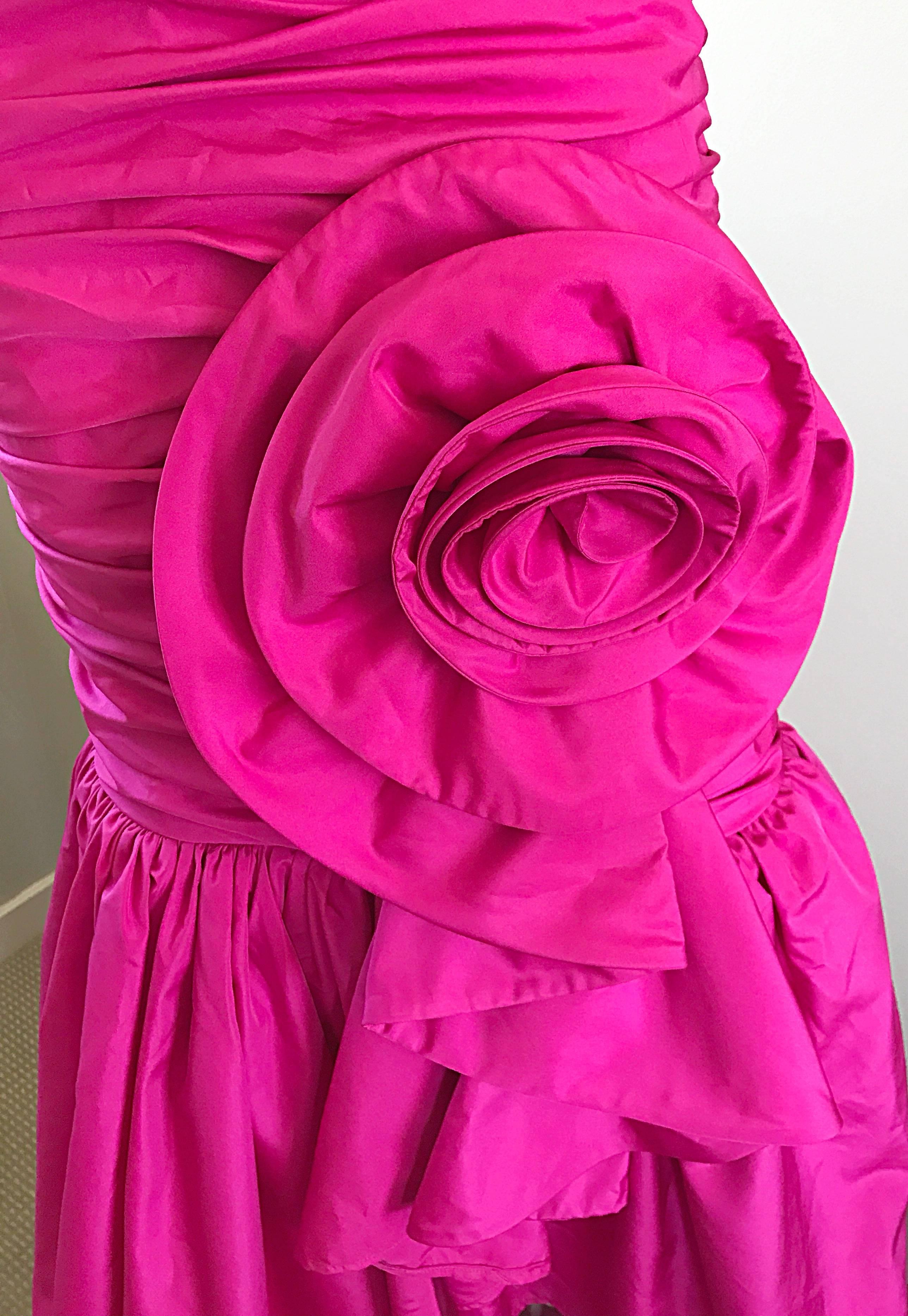 1980s Lilli Diamond Fuchsia Hot Pink Strapless Avant Garde Gown and Sash Stole In Excellent Condition In San Diego, CA