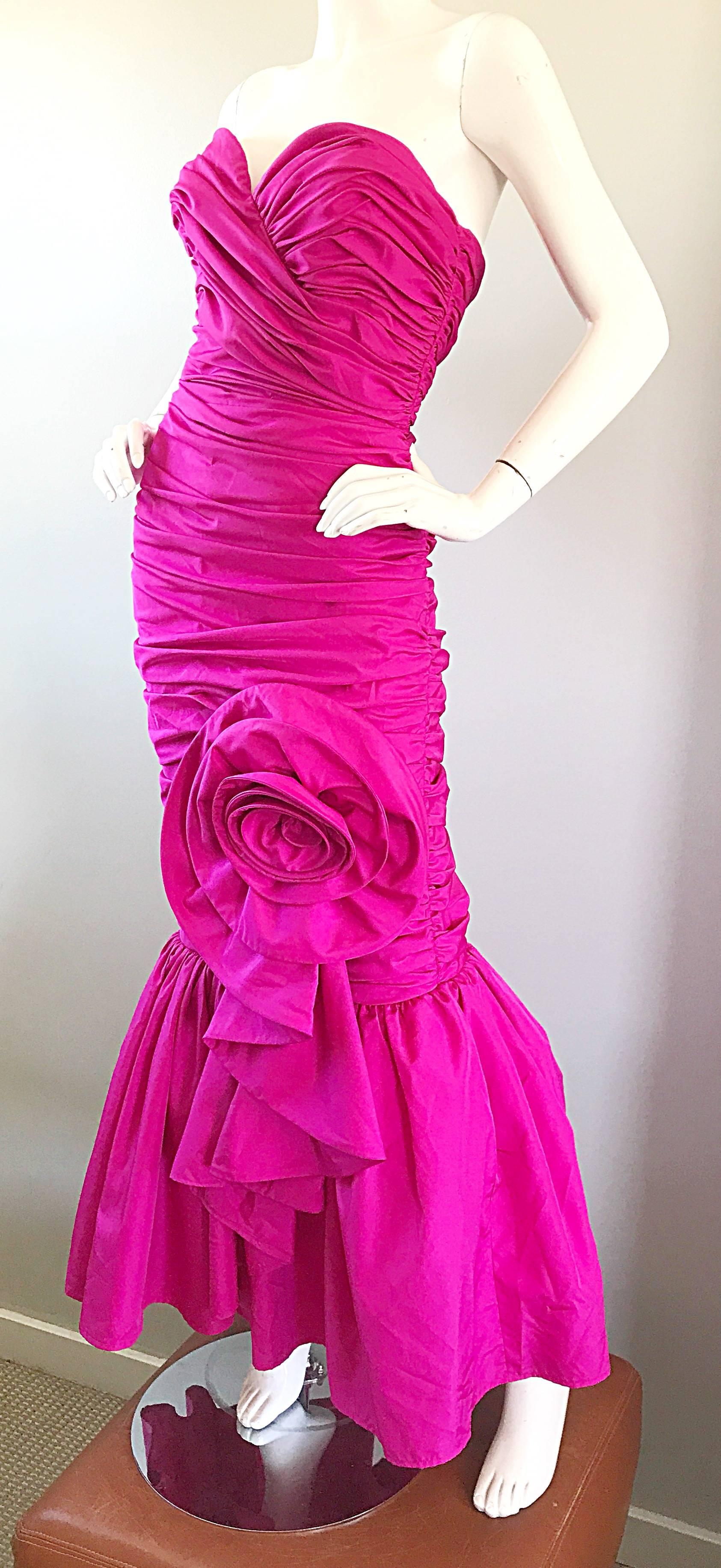 Women's 1980s Lilli Diamond Fuchsia Hot Pink Strapless Avant Garde Gown and Sash Stole