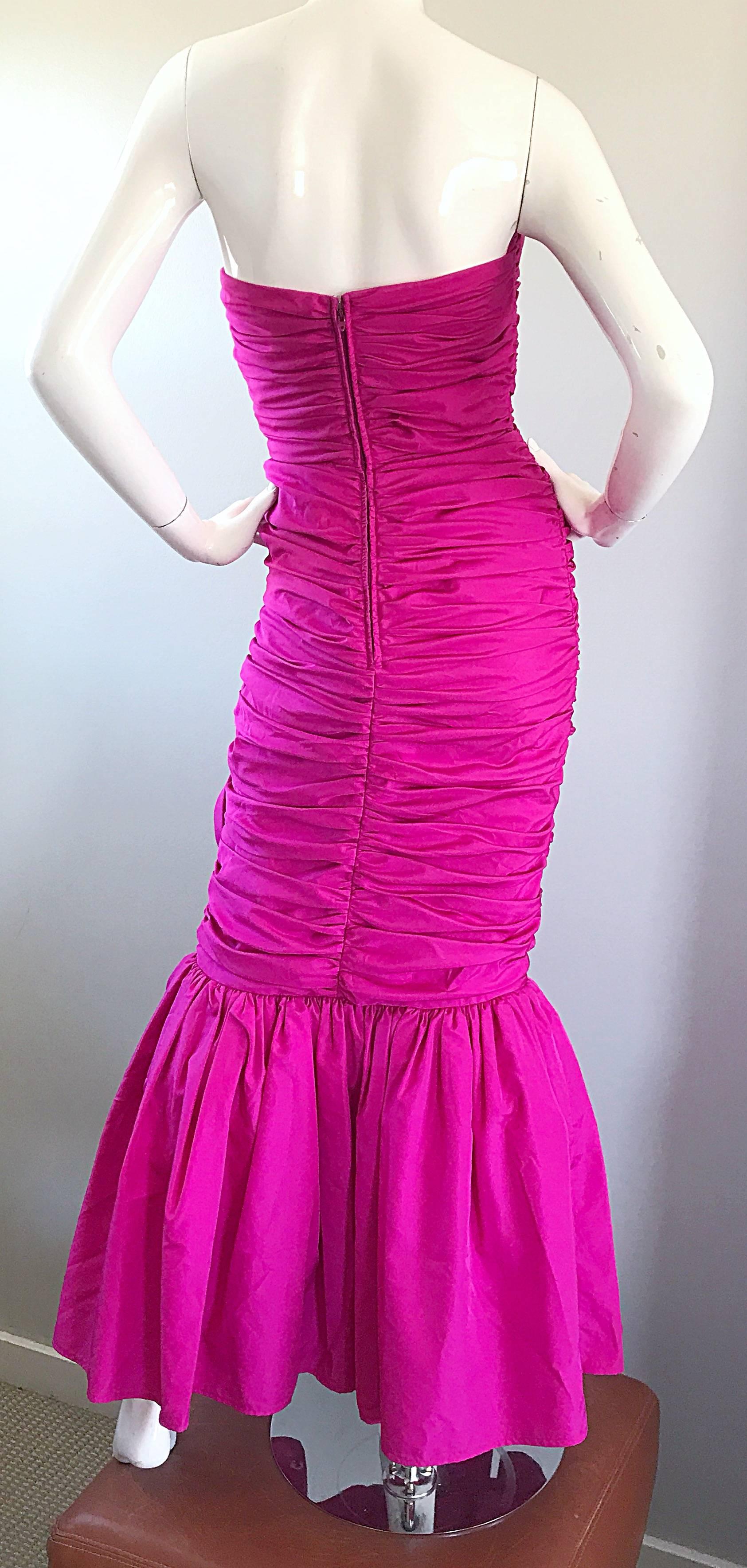 1980s Lilli Diamond Fuchsia Hot Pink Strapless Avant Garde Gown and Sash Stole 1