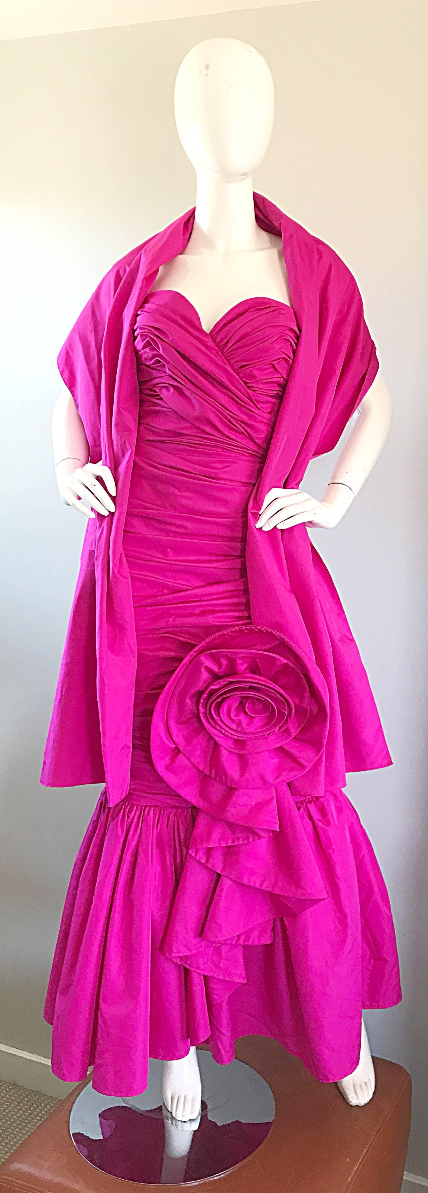 1980s Lilli Diamond Fuchsia Hot Pink Strapless Avant Garde Gown and Sash Stole 4
