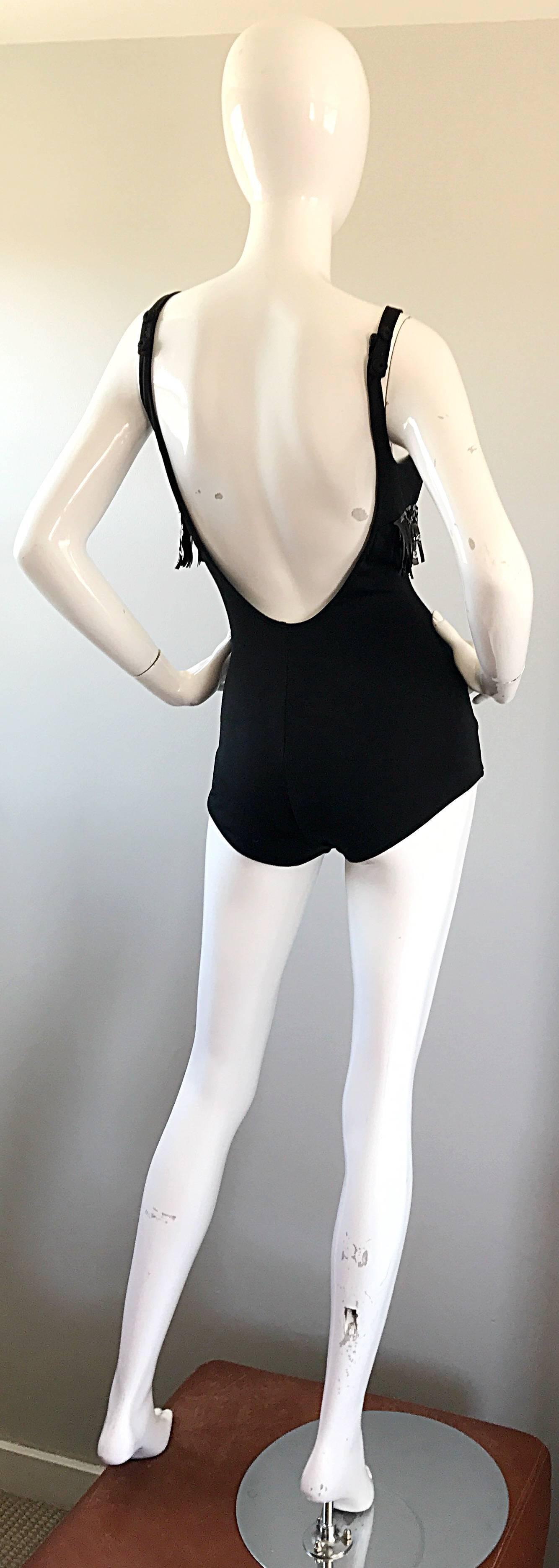 1960er Oleg Cassini Schwarz Vinyl Fransen Vintage 60er Badeanzug oder Bodysuit Onesie Damen im Angebot