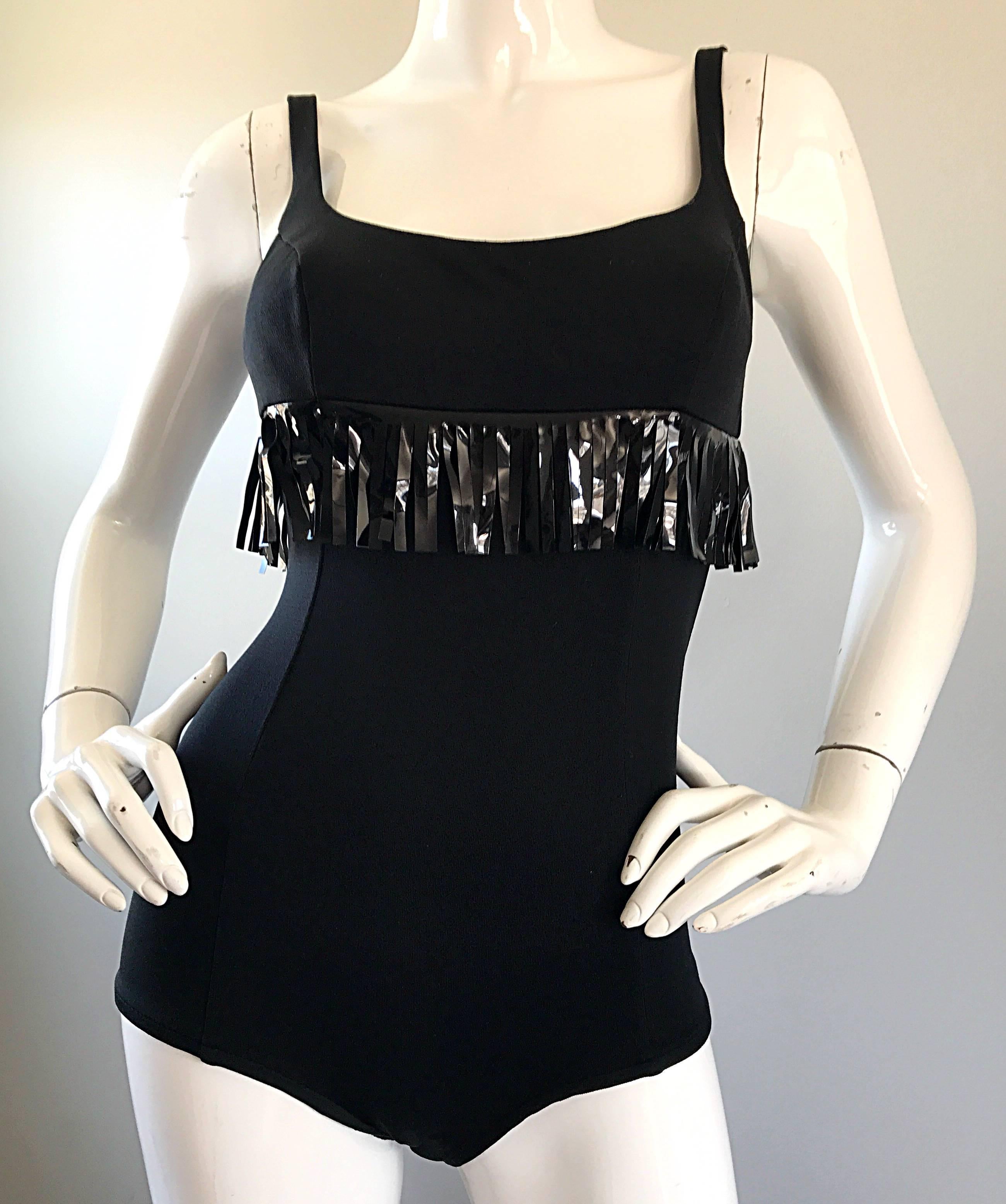 1960s Oleg Cassini Black Vinyl Fringe Vintage 60s Swimsuit or Bodysuit Onesie In Excellent Condition For Sale In San Diego, CA