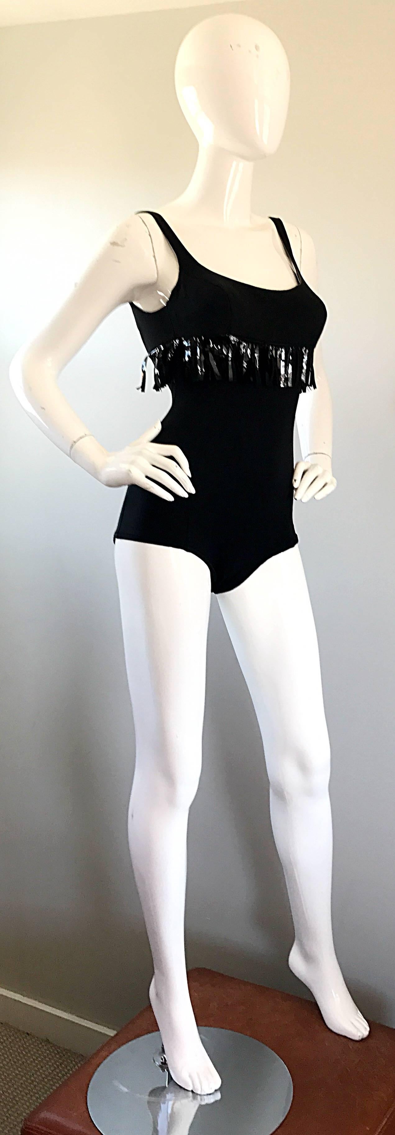 Women's 1960s Oleg Cassini Black Vinyl Fringe Vintage 60s Swimsuit or Bodysuit Onesie For Sale