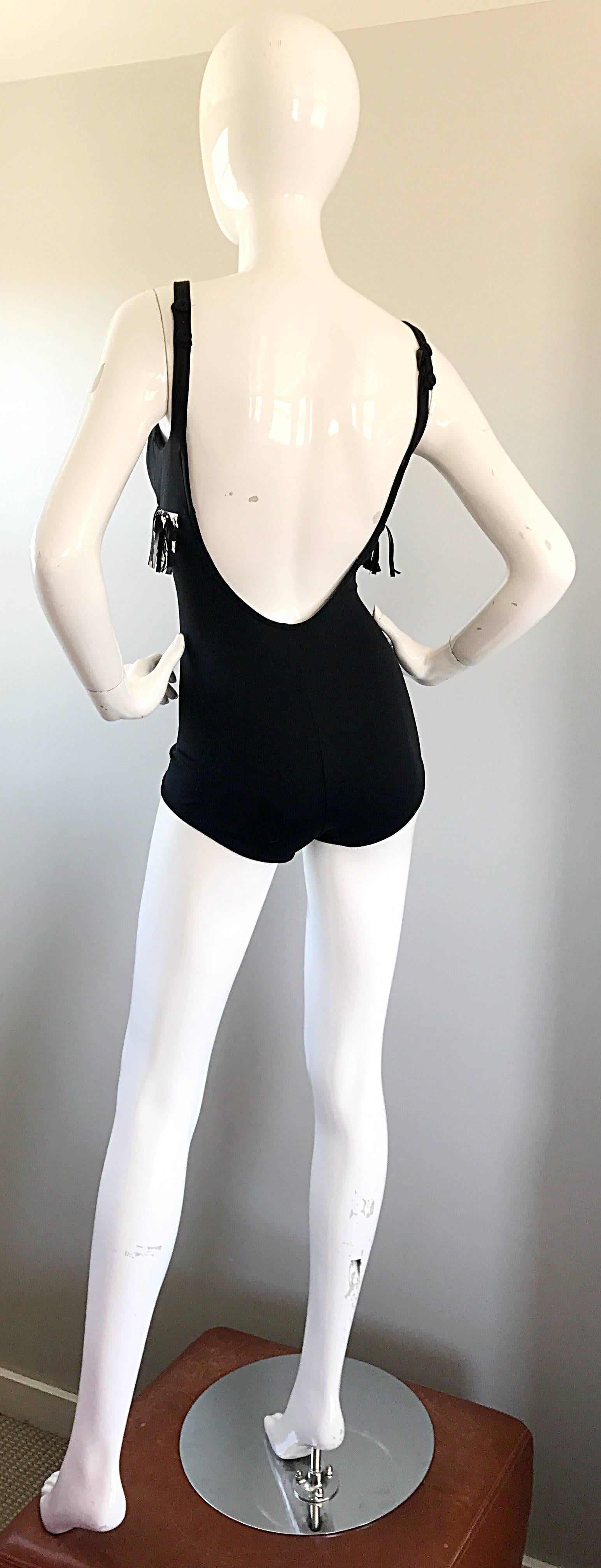 1960s Oleg Cassini Black Vinyl Fringe Vintage 60s Swimsuit or Bodysuit Onesie For Sale 1