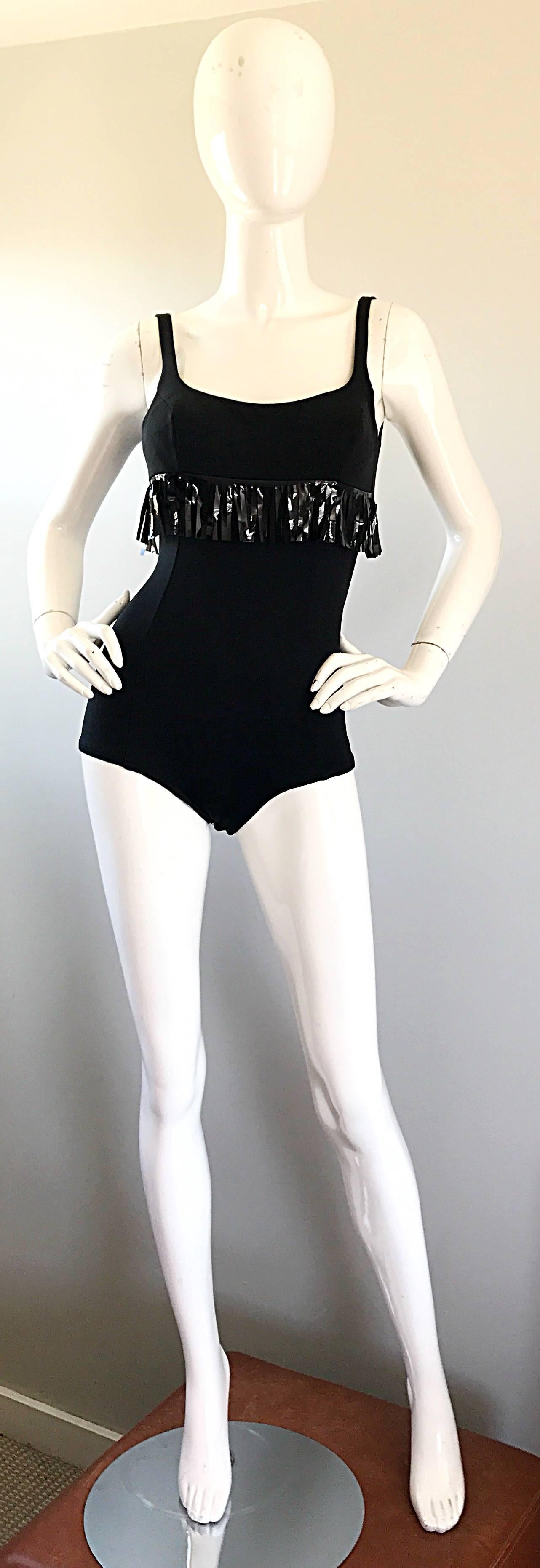 1960s Oleg Cassini Black Vinyl Fringe Vintage 60s Swimsuit or Bodysuit Onesie For Sale 2