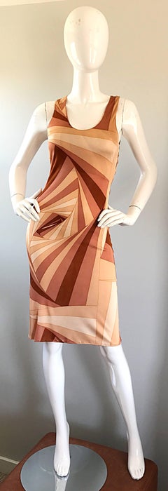 1990s Gianni Versace Versus Warm Tone Three Dimensional Geometric Bodycon Dress