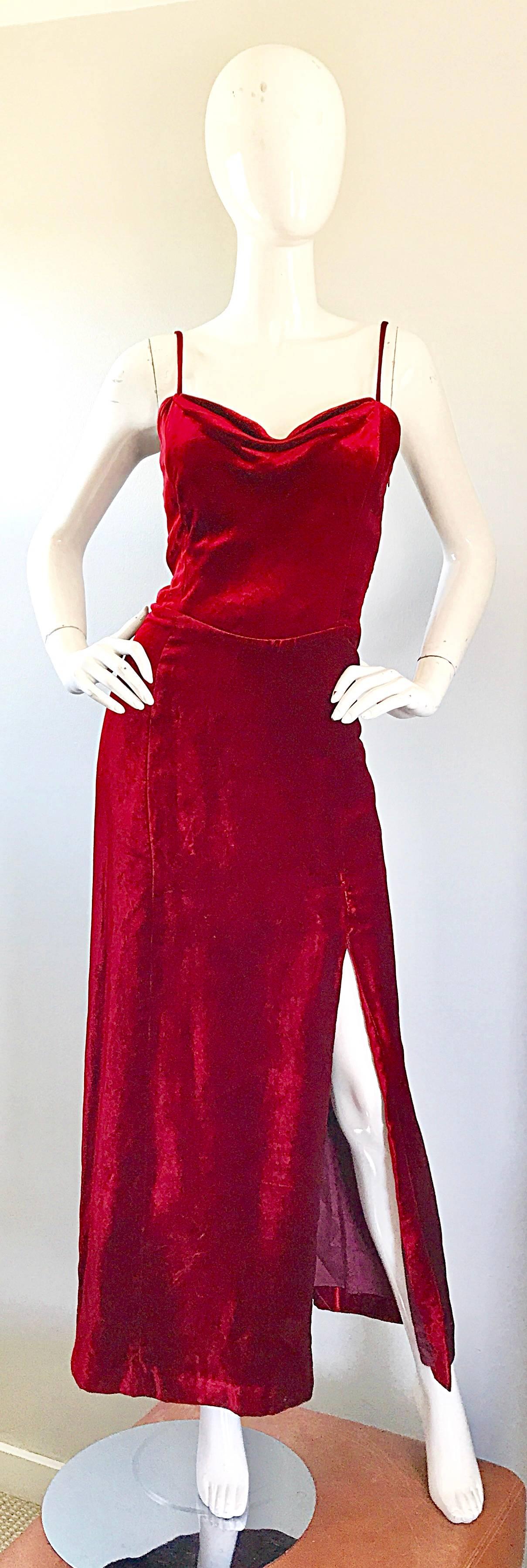Insanely beautiful 1990s GIORGIO ARMANI COLLEZIONI crimson red silk velvet full length evening dress! Couture quality, with an amazing fit! Hidden interior weight on inner bust creates a beautiful drape at center bust, and gives this beauty a