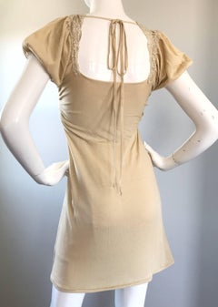 Valentino Tan Nude Lace Crochet Short Puff Sleeve Babydoll Mini Dress Size 4