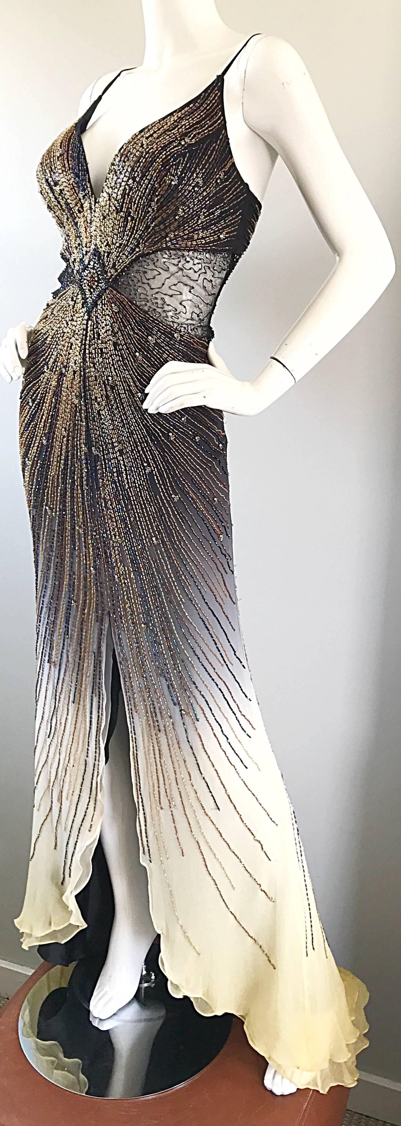 Sexy 1990s Black + Nude Silk Chiffon Beaded Cut - Out Vintage 90s Ombre Gown 2