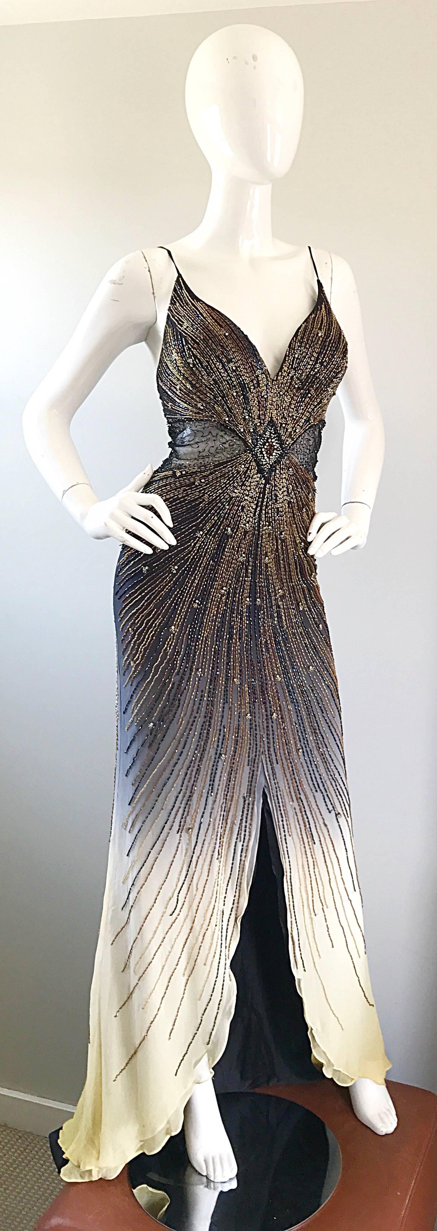 Sexy 1990s Black + Nude Silk Chiffon Beaded Cut - Out Vintage 90s Ombre Gown 3