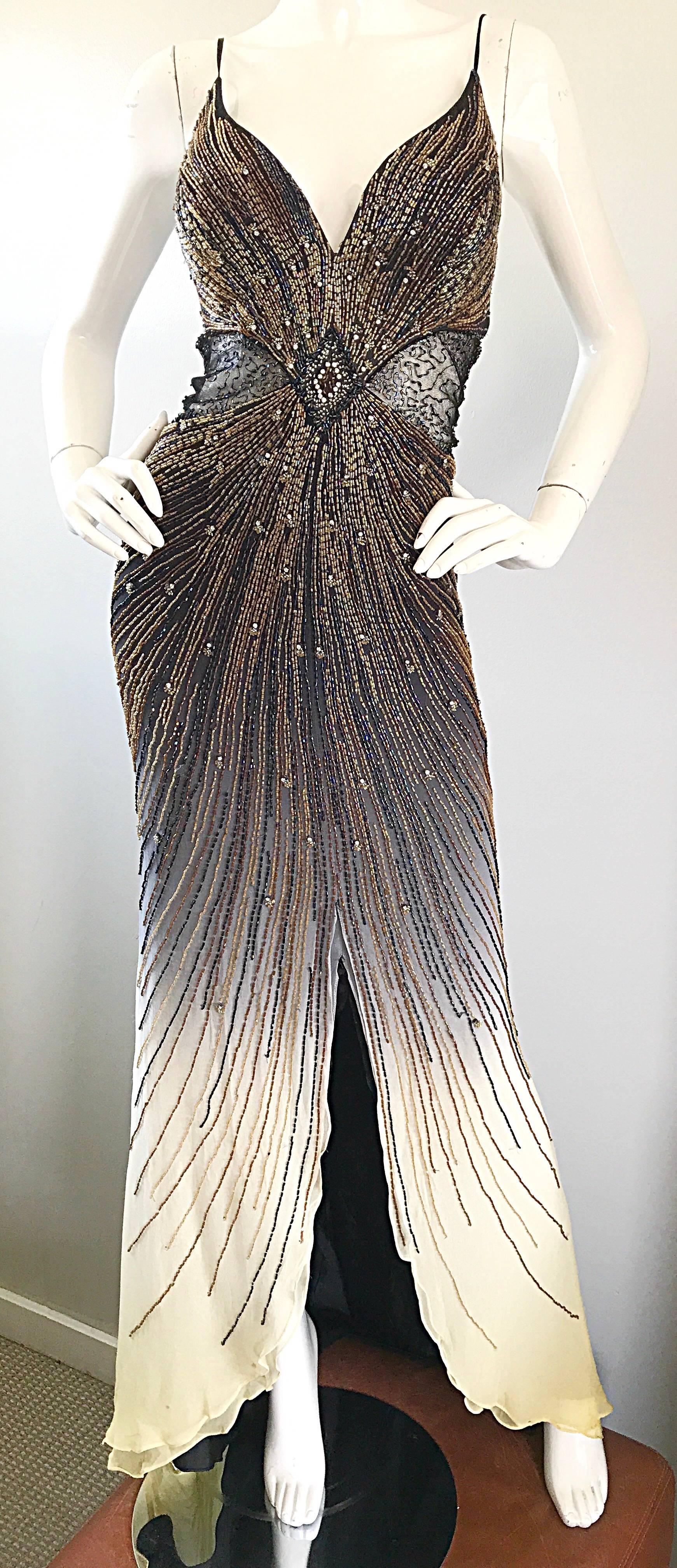 Sexy 1990s Black + Nude Silk Chiffon Beaded Cut - Out Vintage 90s Ombre Gown 4