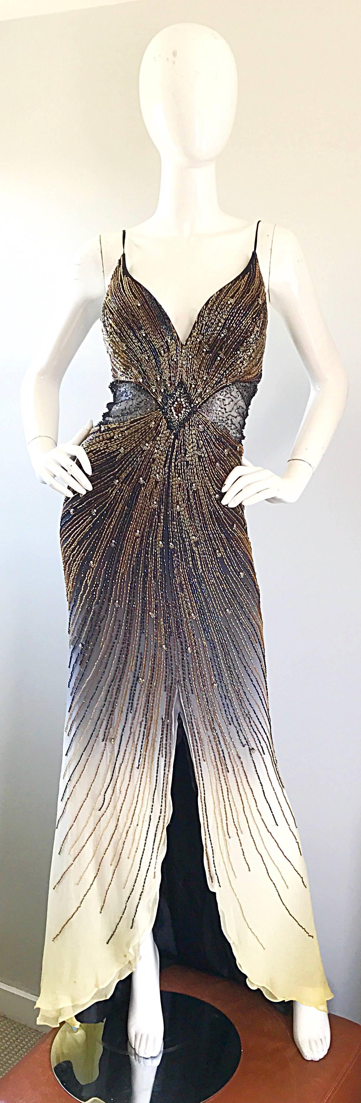 Sexy 1990s Black + Nude Silk Chiffon Beaded Cut - Out Vintage 90s Ombre Gown 6
