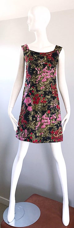 1960s Lord and Taylor Black + Pink + Red Silk Sequin Vintage 60s Shift Dress
