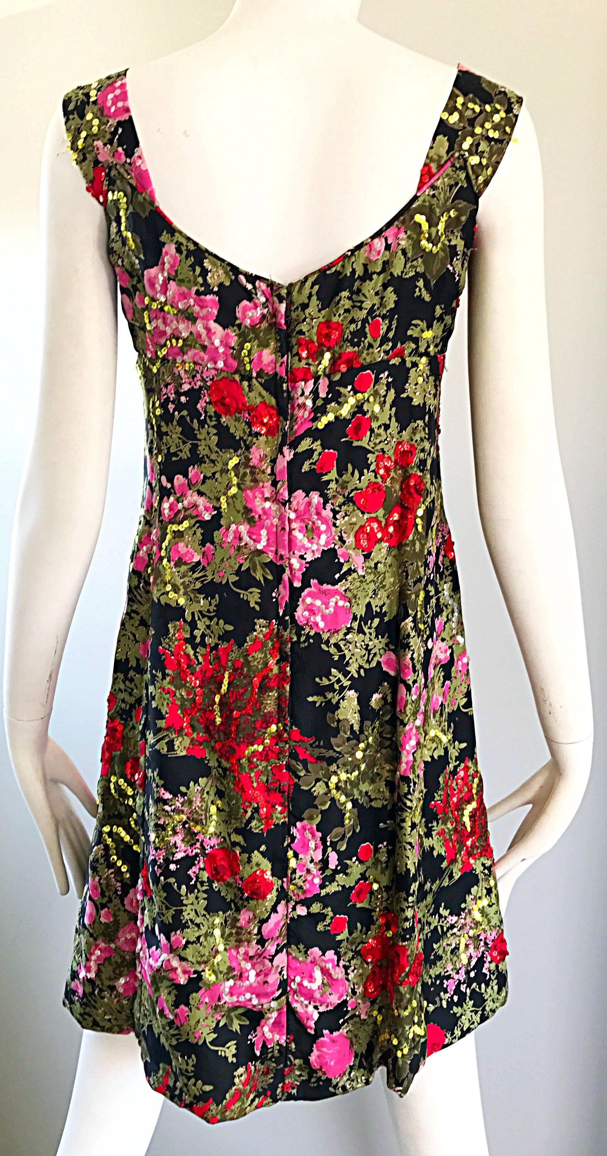 1960s Lord and Taylor Black + Pink + Red Silk Sequin Vintage 60s Shift Dress In Excellent Condition In San Diego, CA