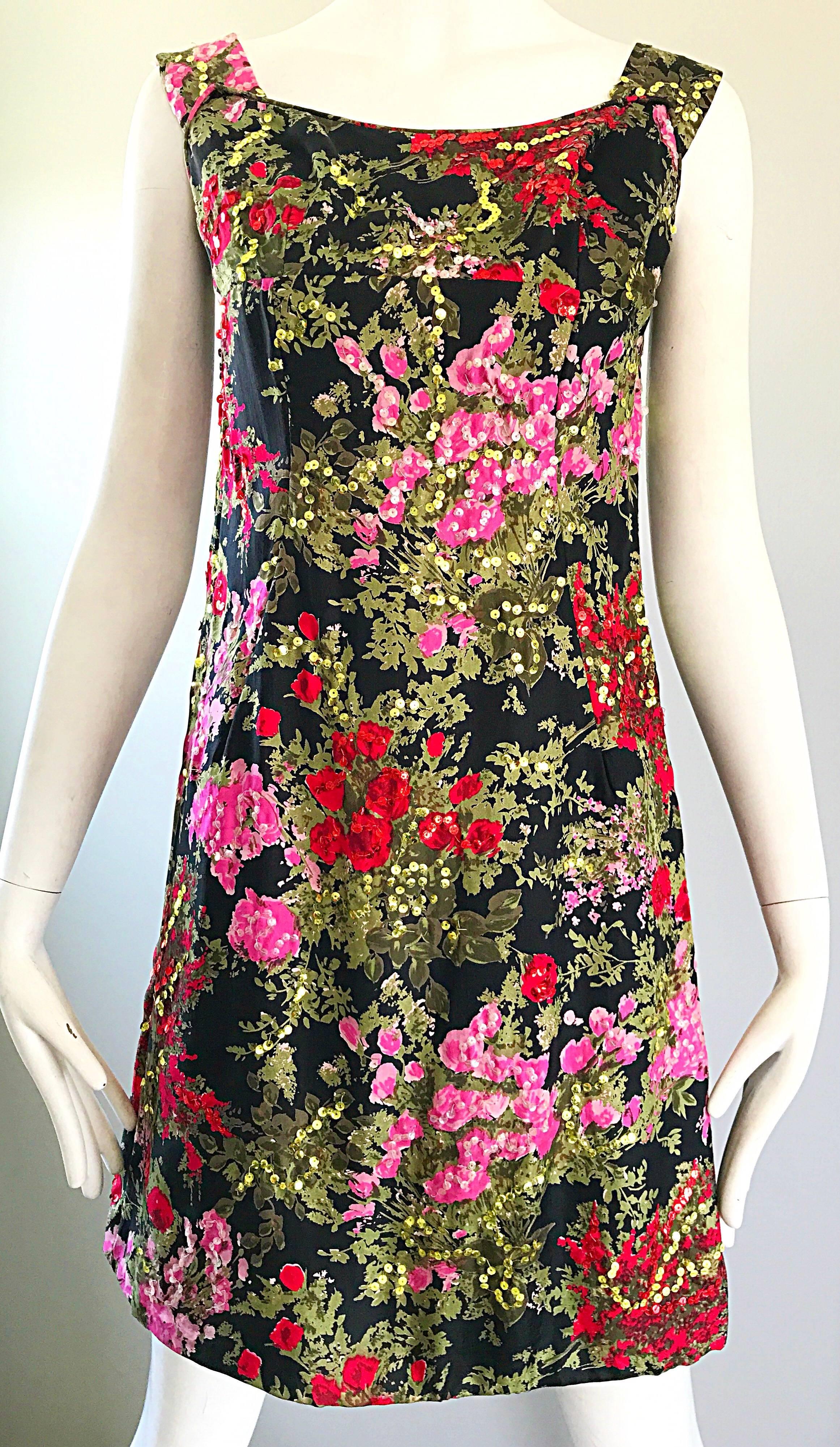 Women's 1960s Lord and Taylor Black + Pink + Red Silk Sequin Vintage 60s Shift Dress