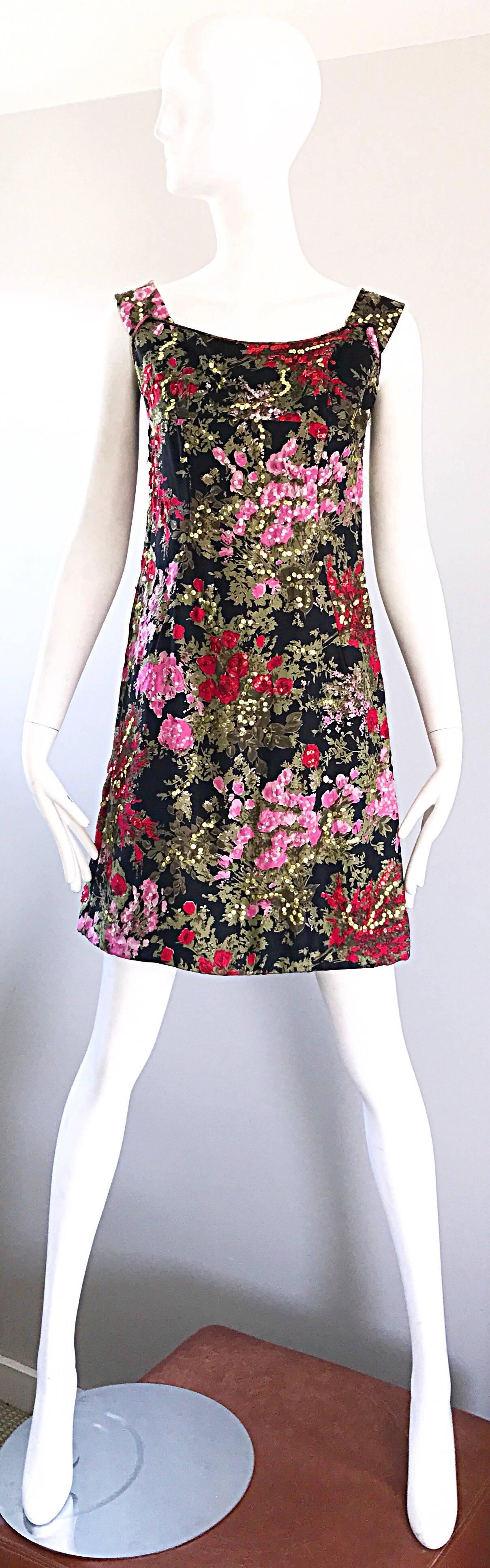 1960s Lord and Taylor Black + Pink + Red Silk Sequin Vintage 60s Shift Dress 2