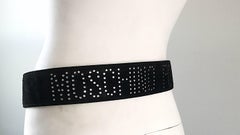 1990s Moschino Forever Black Suede Rhinestone 90s Vintage Logo Statement Belt