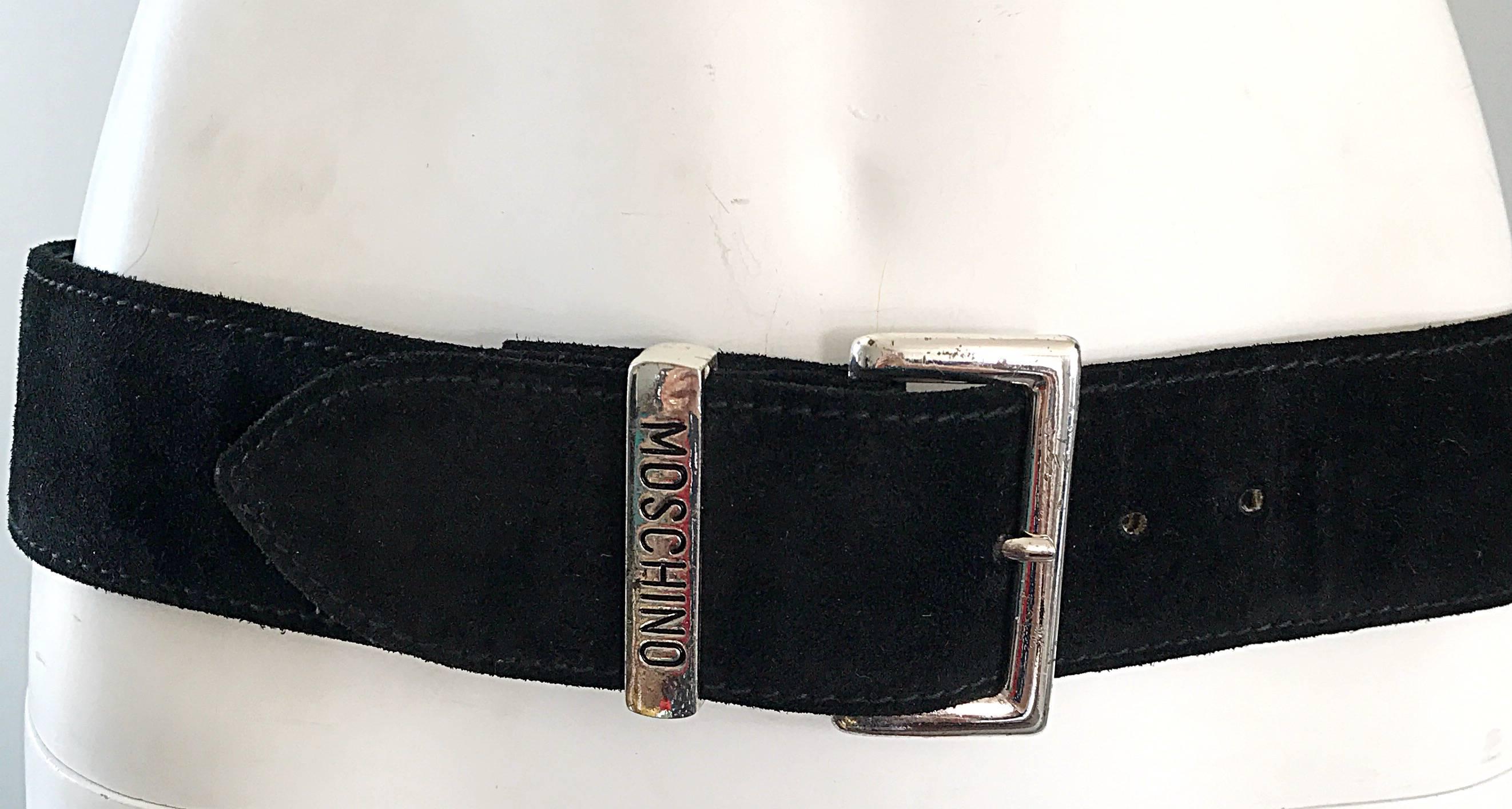 1990s Moschino Forever Black Suede Rhinestone 90s Vintage Logo Statement Belt In Excellent Condition For Sale In San Diego, CA
