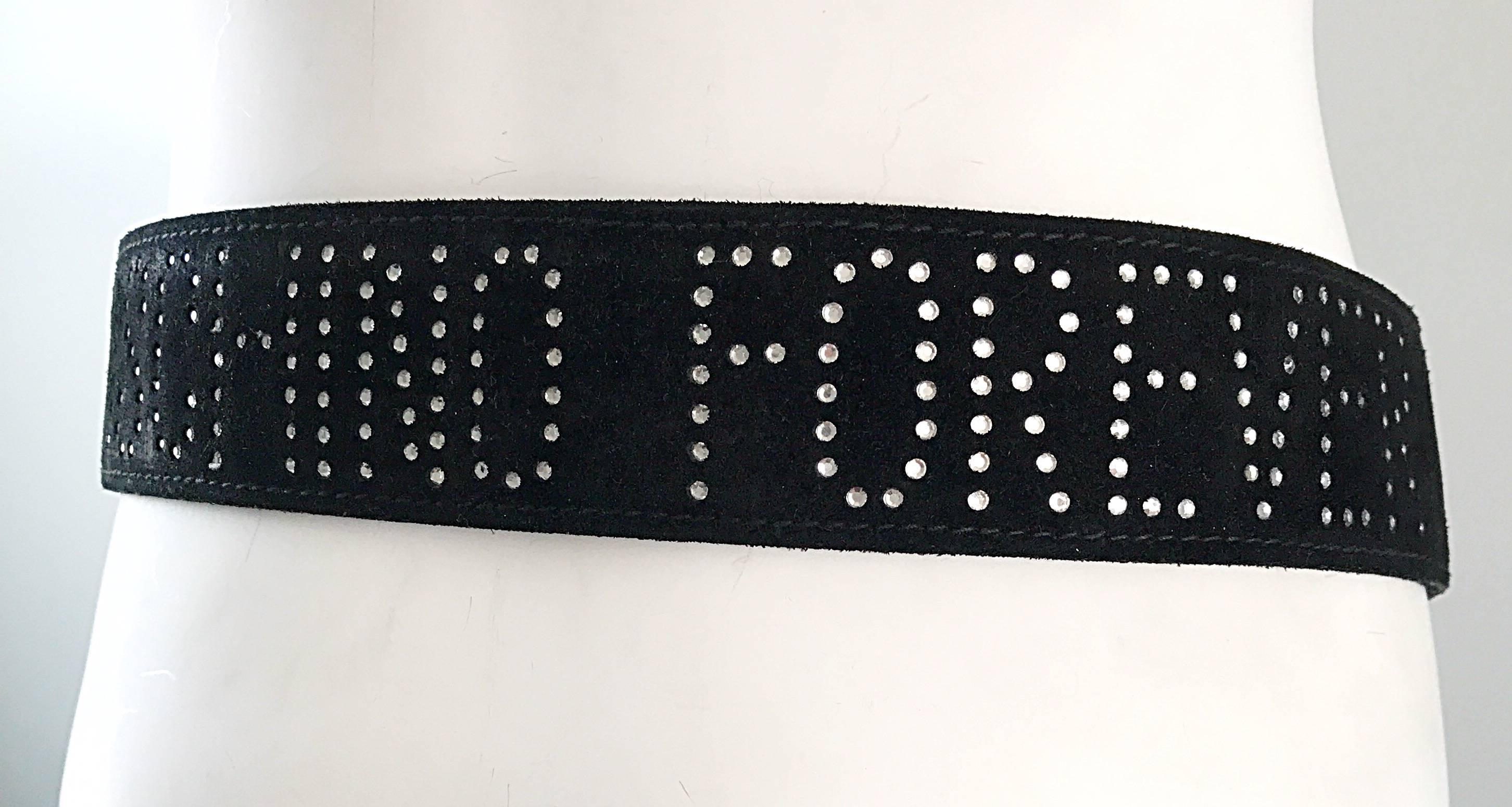 1990s Moschino Forever Black Suede Rhinestone 90s Vintage Logo Statement Belt For Sale 1