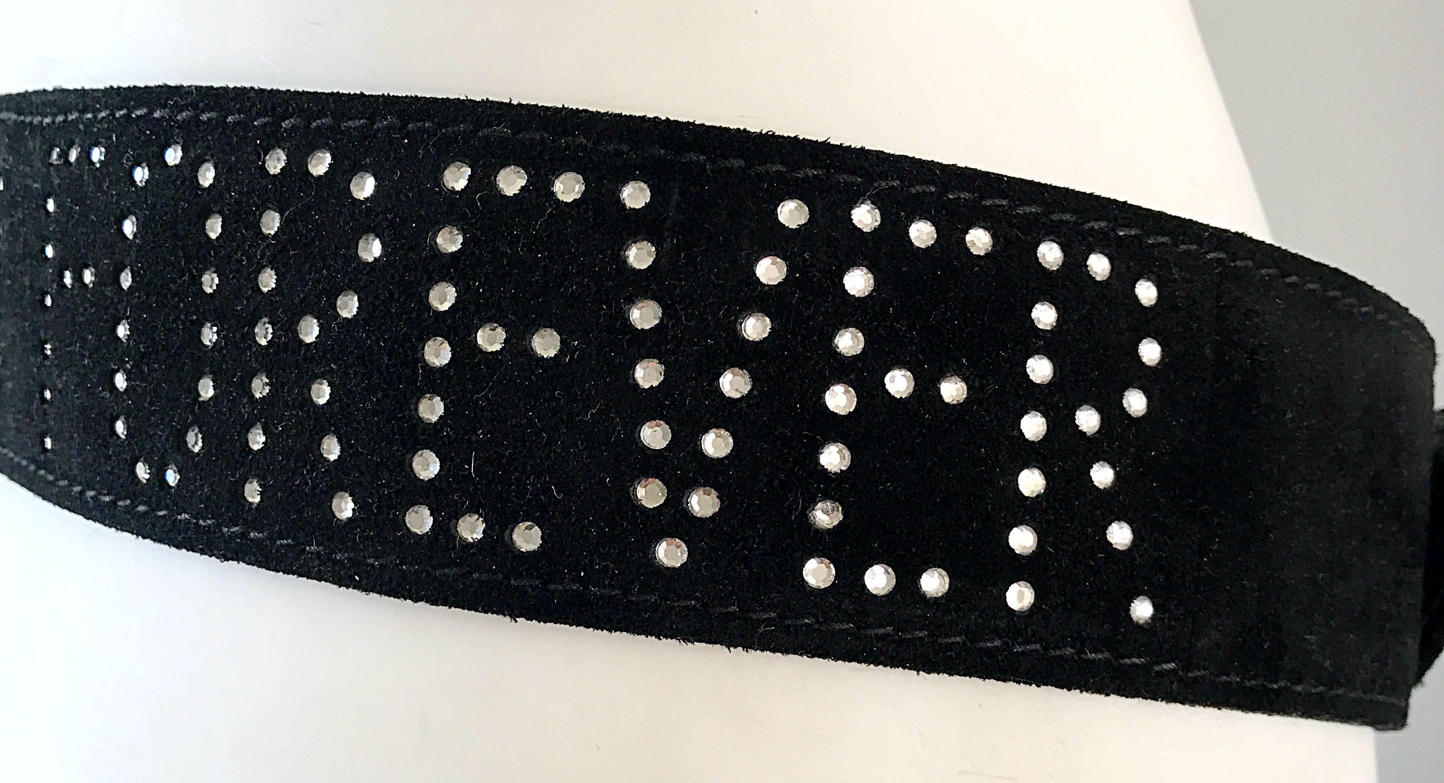 1990s Moschino Forever Black Suede Rhinestone 90s Vintage Logo Statement Belt For Sale 2