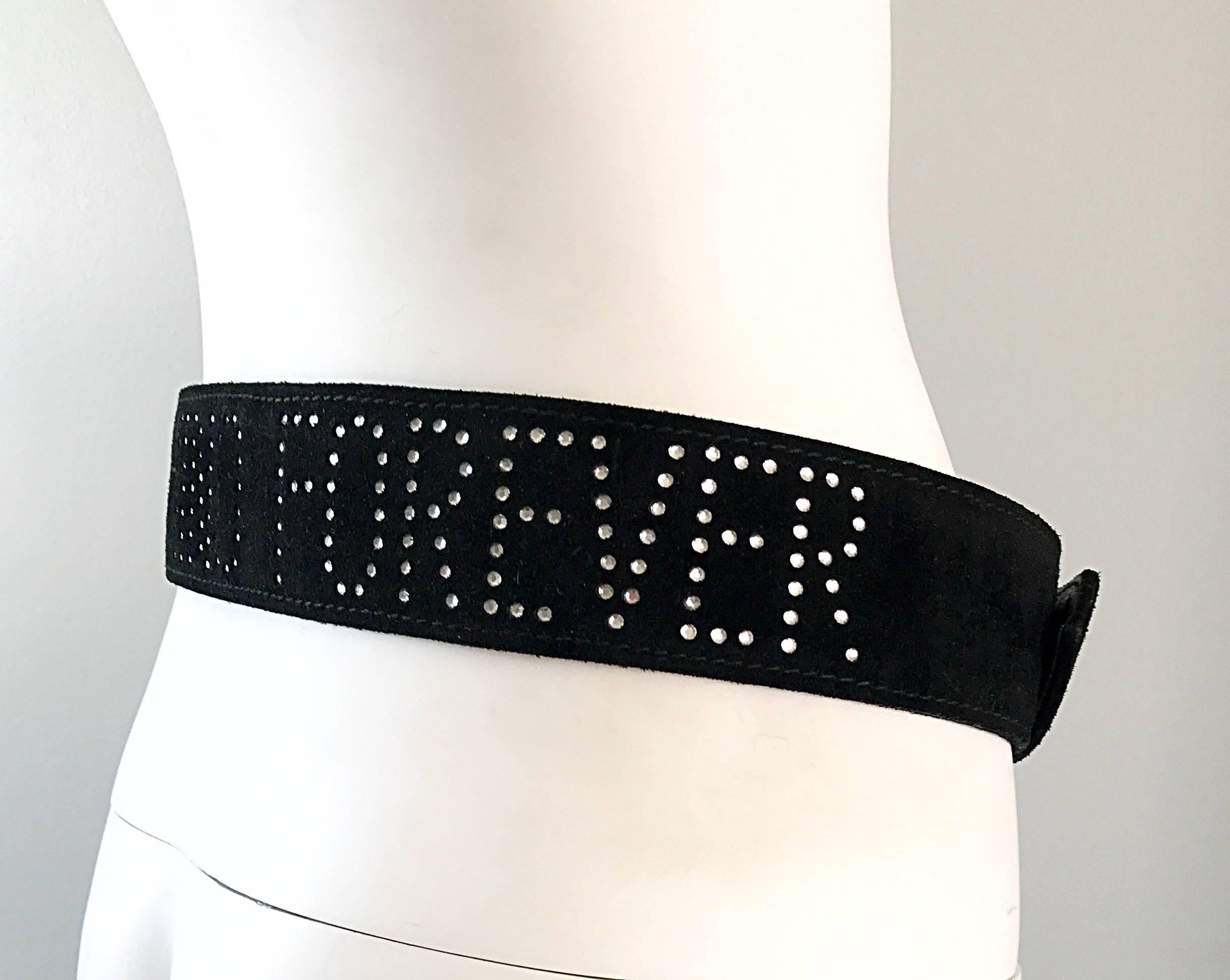 1990s Moschino Forever Black Suede Rhinestone 90s Vintage Logo Statement Belt For Sale 4