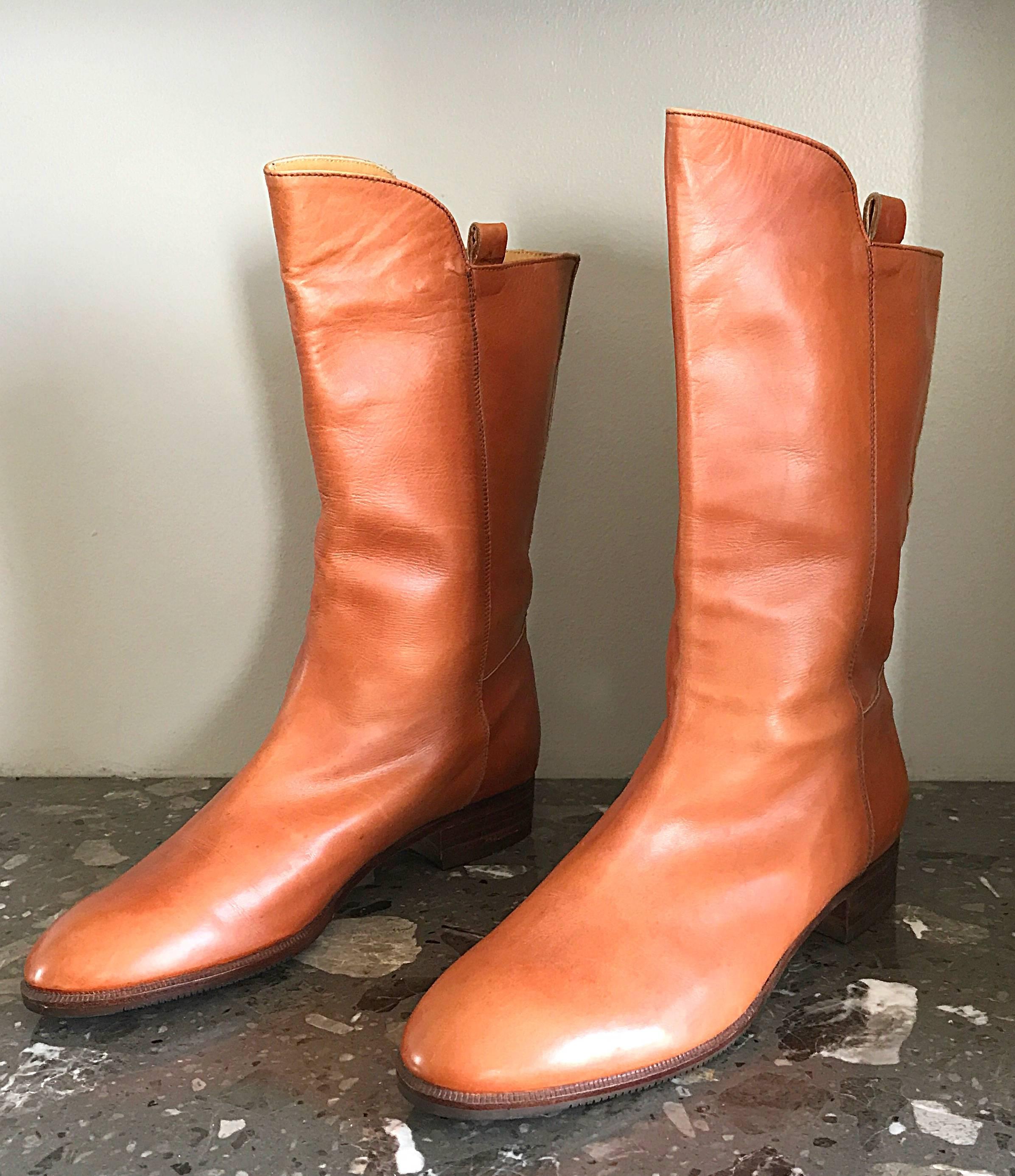 Women's New 1980s Perry Ellis Size 6 Tan Saddle Leather Deadstock Calf Booties Boots For Sale