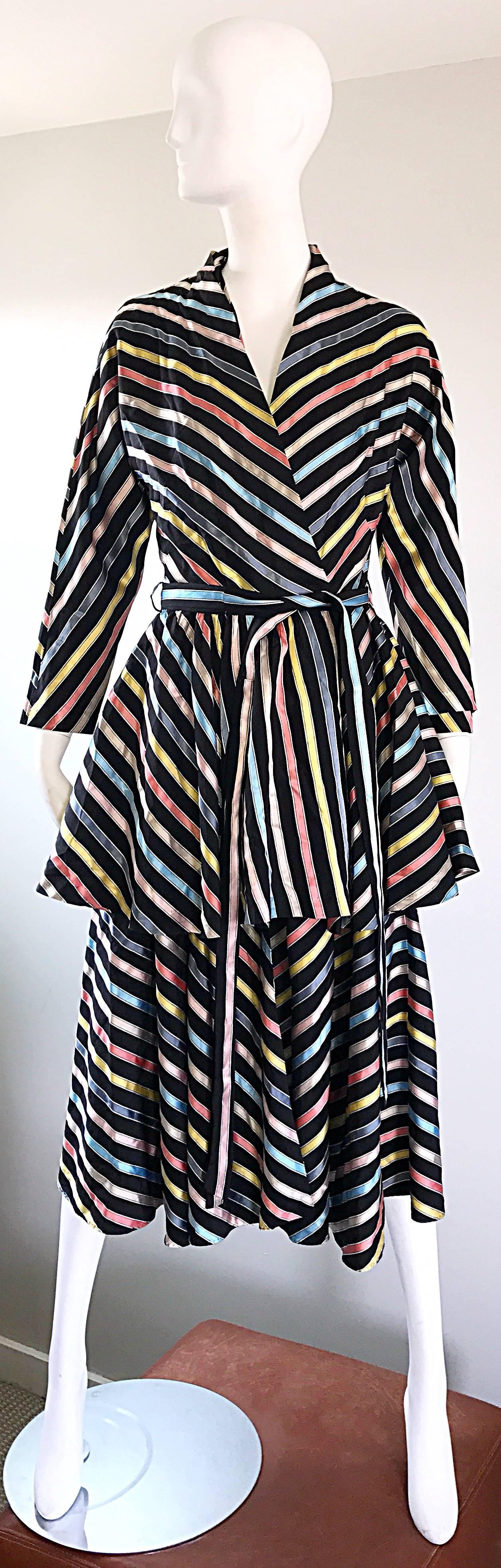 Amazing vintage 1940s MAXAN cold silk black rainbow three piece wrap dress, robe and sash belt! Colorful pastel rainbows in chevron stripes of pink, blue, yellow, salmon and ivory. The possibilities are endless with this ensemble. The wrap dress is