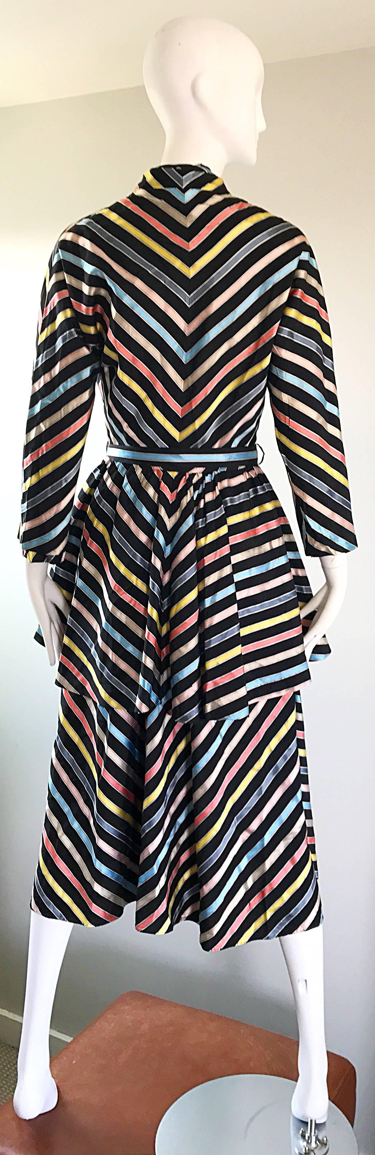 Women's Amazing 1940s Maxan Cold SIlk Black Rainbow 3 Piece 40s Wrap Dress + Robe + Belt