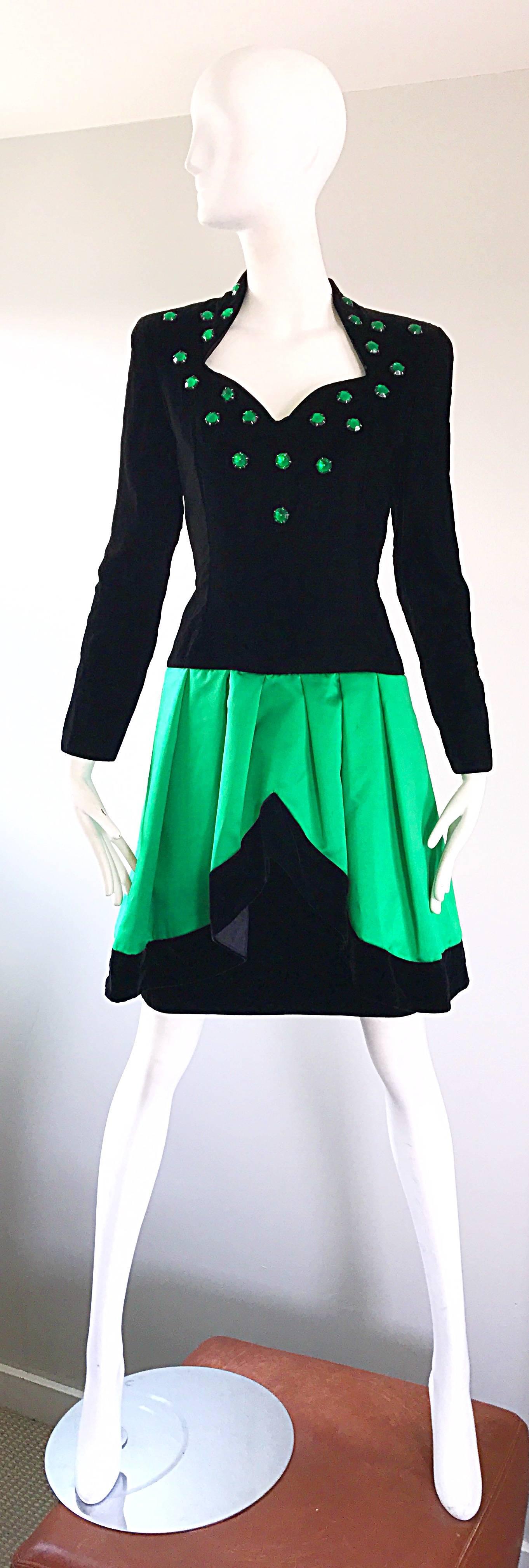 Avant Garde 90s LILLIE RUBIN emerald / Kelly green and black fit and flare long sleeve dress! Features a fitted black velvet bodice with green rhinestone crystals hand-sewn throughout. Flattering sweetheart neckline. The hem on the silk satin full
