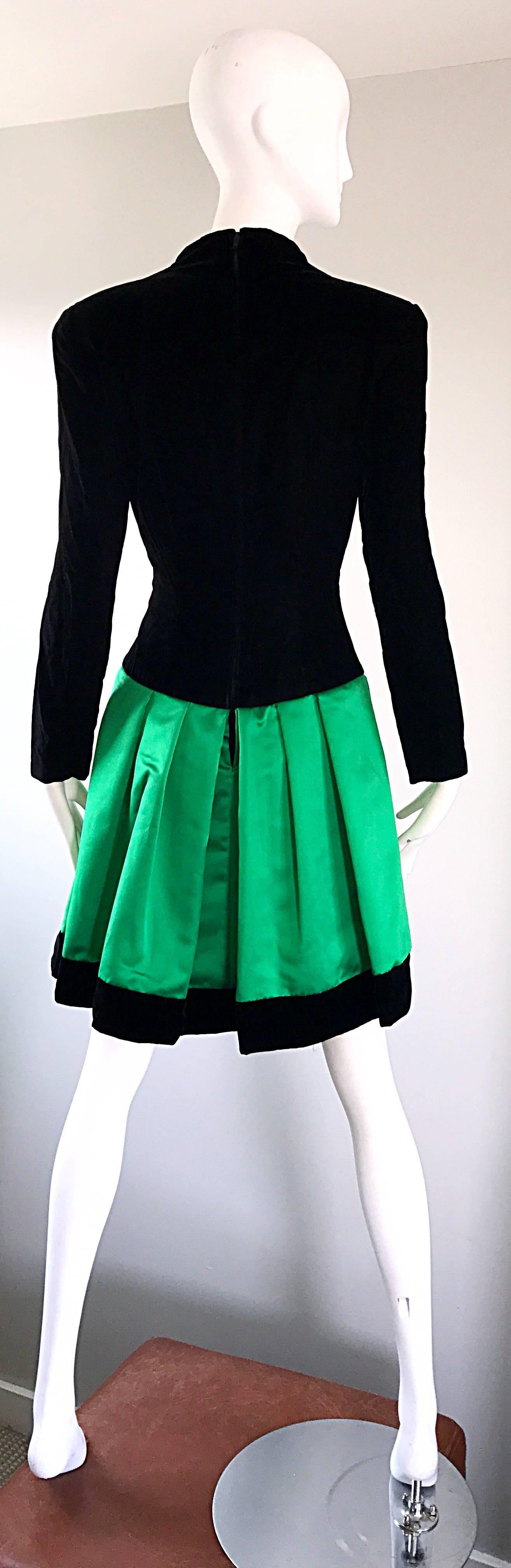 Women's Lillie Rubin 1990s Emerald Green Black Size 8 Rhinestone Vintage Fit Flare Dress
