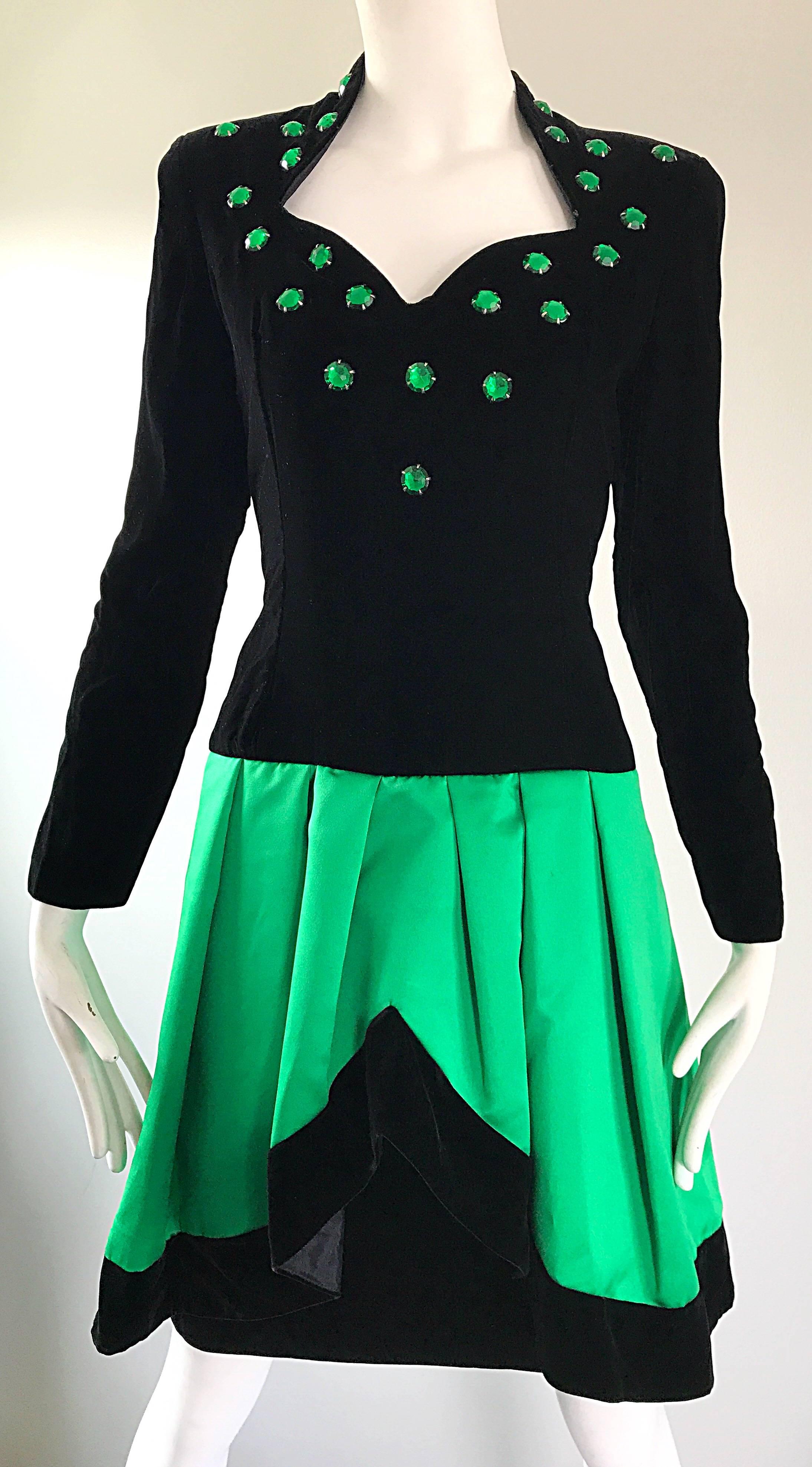 Lillie Rubin 1990s Emerald Green Black Size 8 Rhinestone Vintage Fit Flare Dress 1