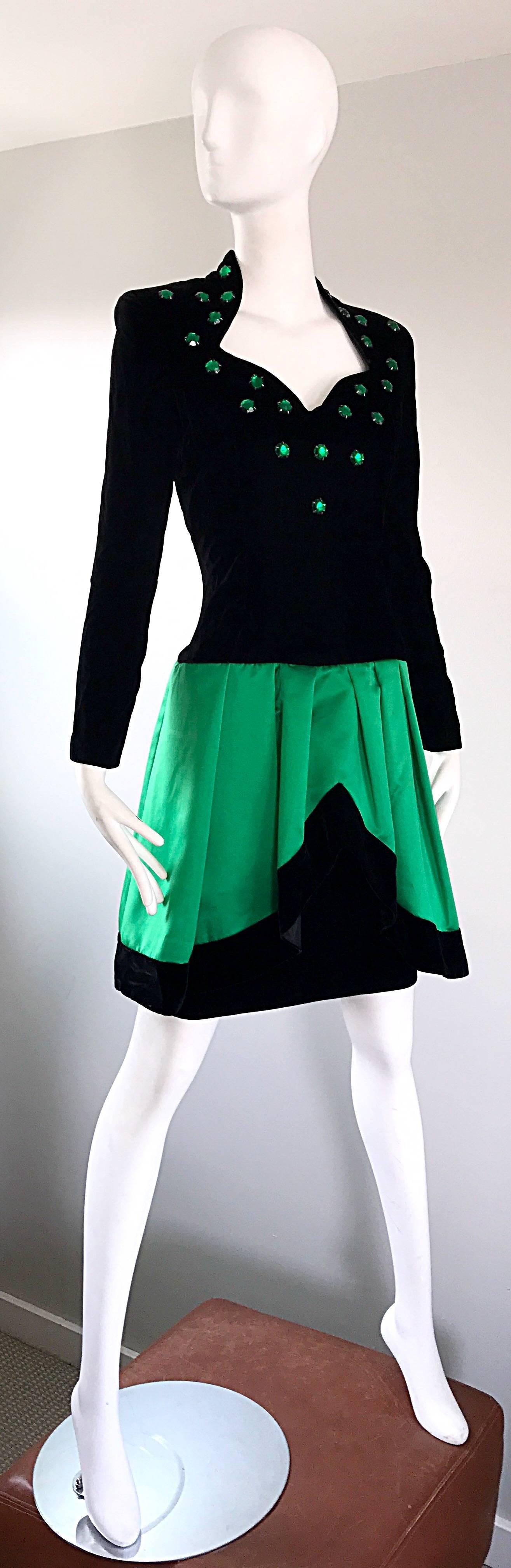 Lillie Rubin 1990s Emerald Green Black Size 8 Rhinestone Vintage Fit Flare Dress 2