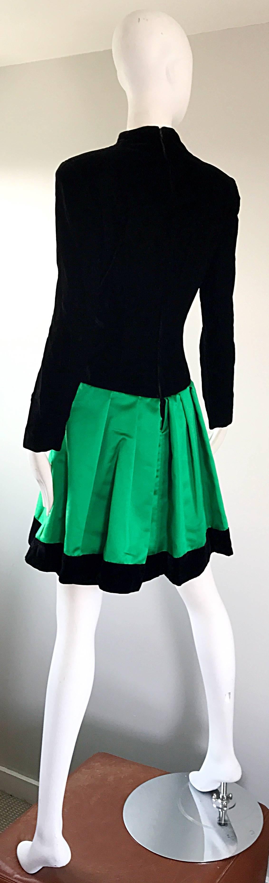 Lillie Rubin 1990s Emerald Green Black Size 8 Rhinestone Vintage Fit Flare Dress 3