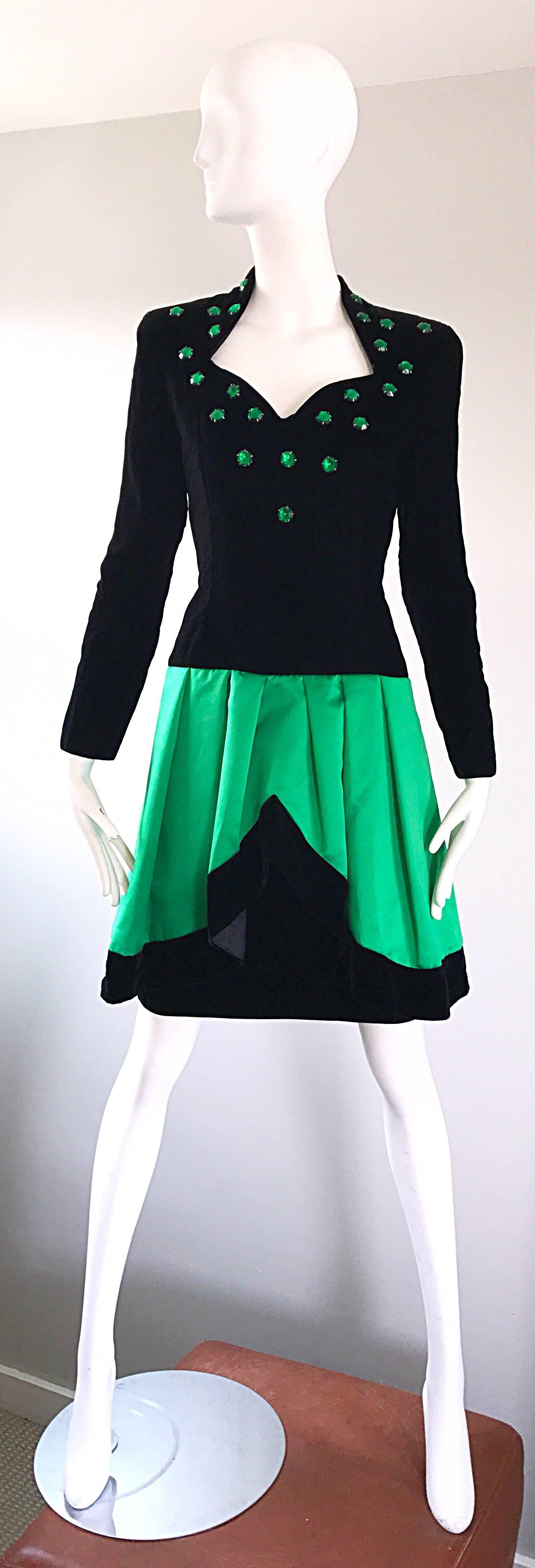 Lillie Rubin 1990s Emerald Green Black Size 8 Rhinestone Vintage Fit Flare Dress 4