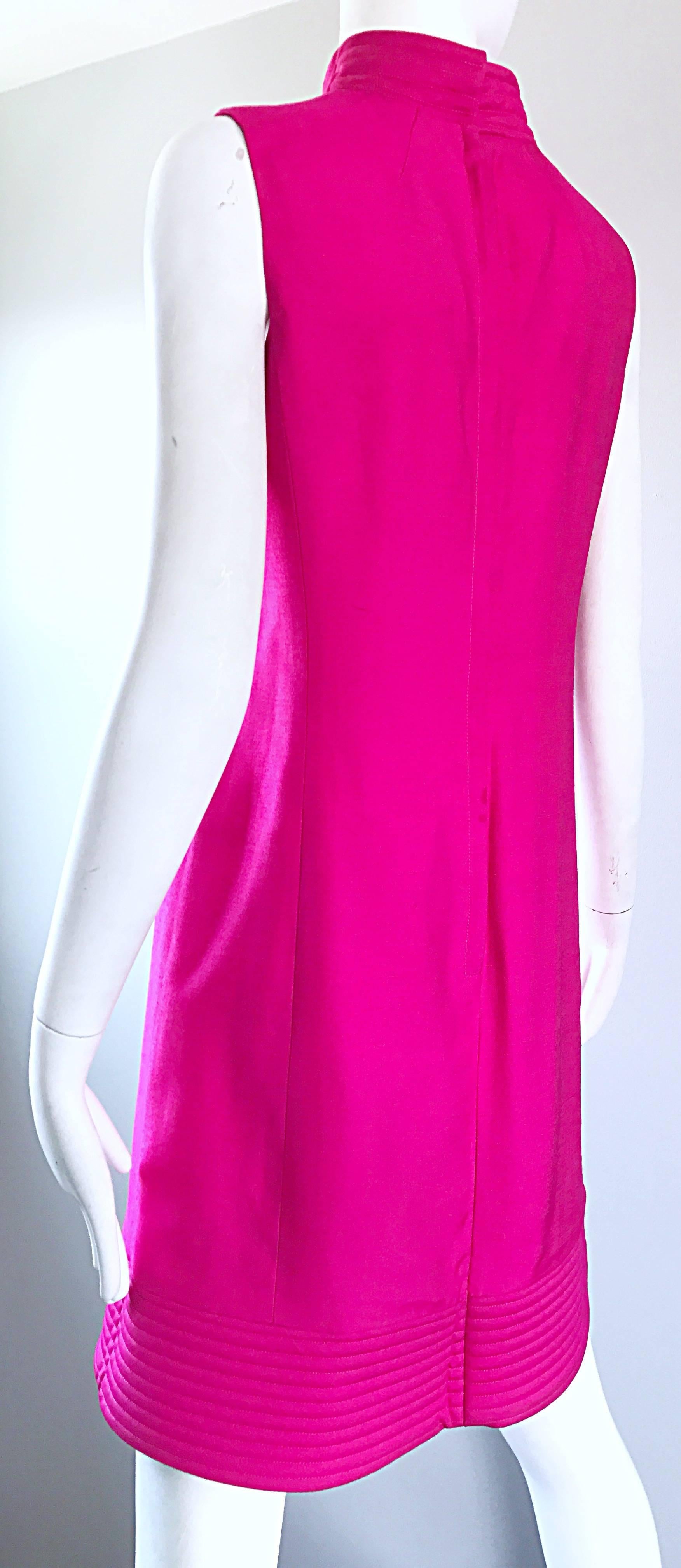 Chic 1960s Shocking Hot Pink Sleeveless Fuchsia Vintage High Neck Shift Dress 2