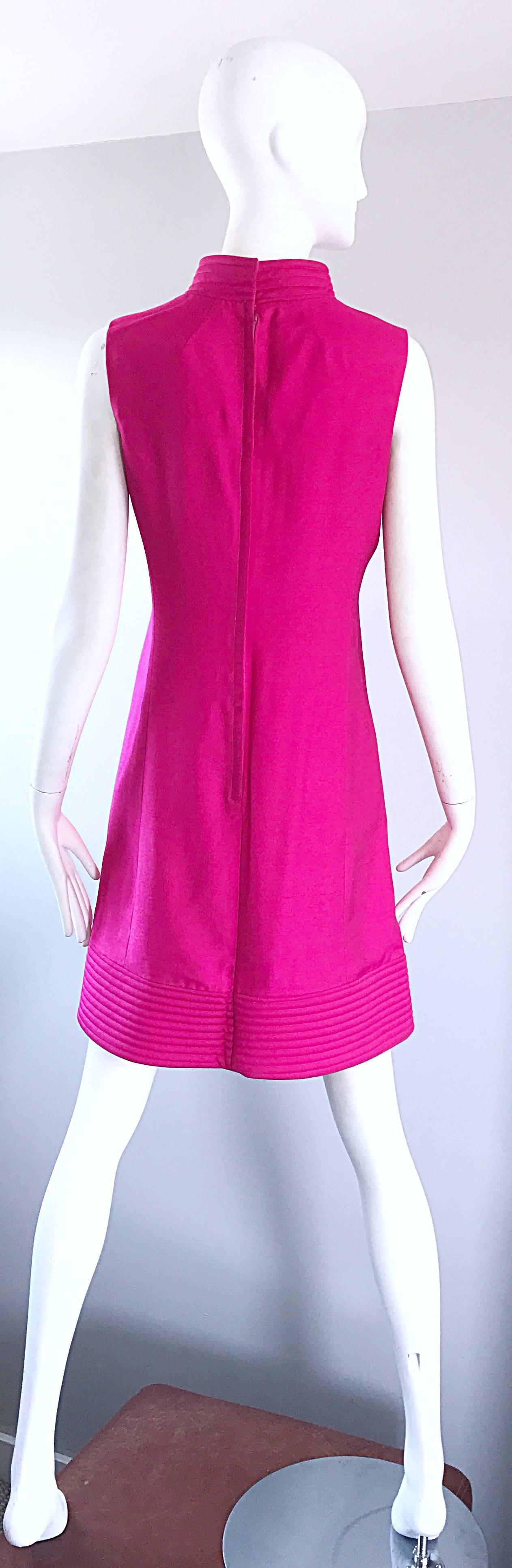 Chic 1960s Shocking Hot Pink Sleeveless Fuchsia Vintage High Neck Shift Dress In Excellent Condition In San Diego, CA
