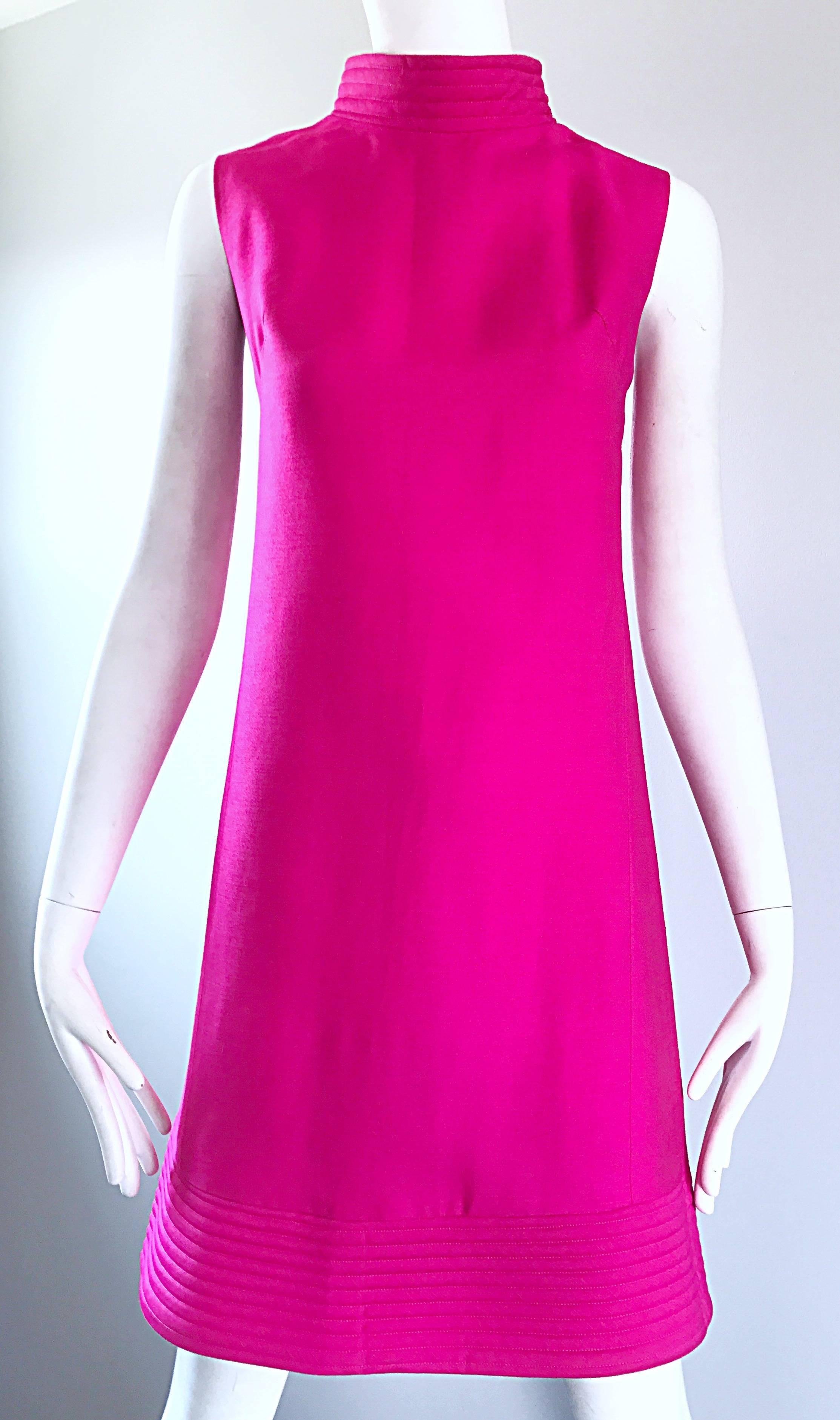 Chic 1960s Shocking Hot Pink Sleeveless Fuchsia Vintage High Neck Shift Dress 1