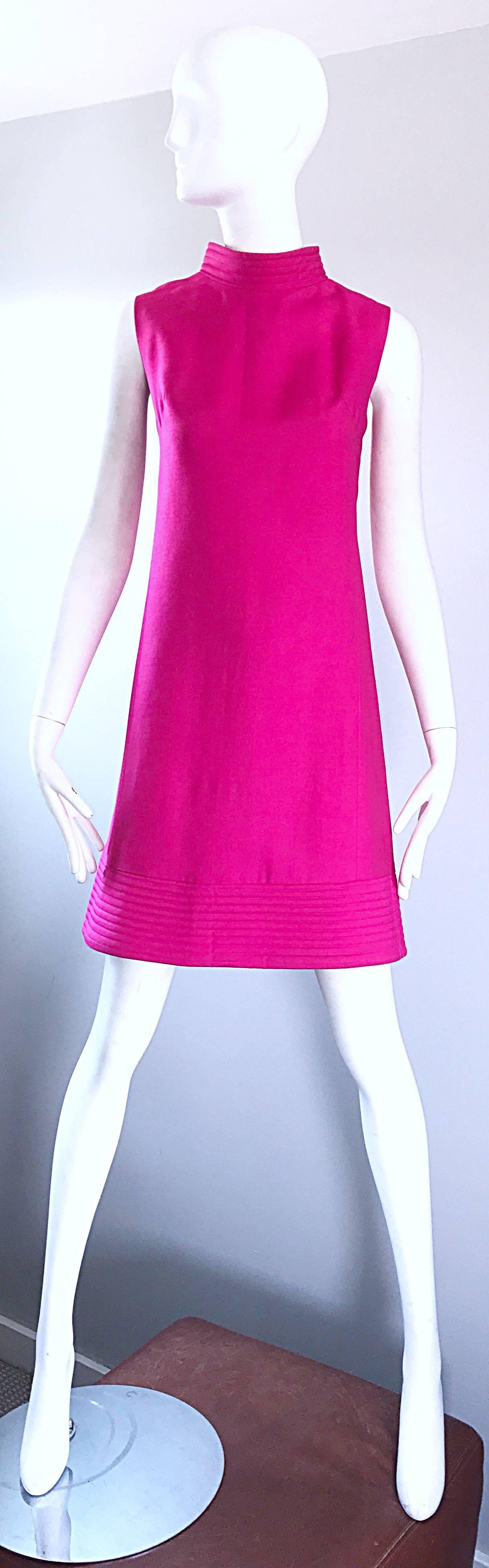 Chic 1960s Shocking Hot Pink Sleeveless Fuchsia Vintage High Neck Shift Dress 3