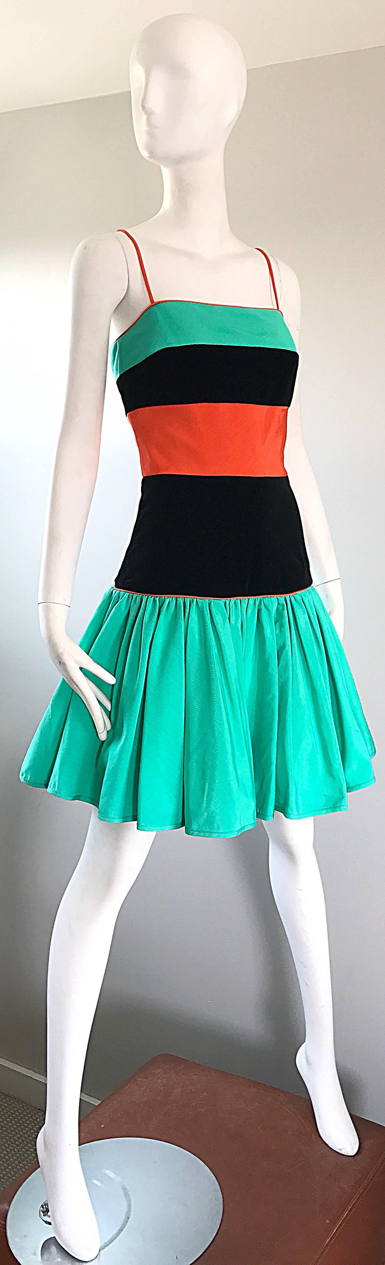 Increíble Vestido Vintage Barboglio Cristina + Jan Verde Naranja Negro Color Block Azul en venta
