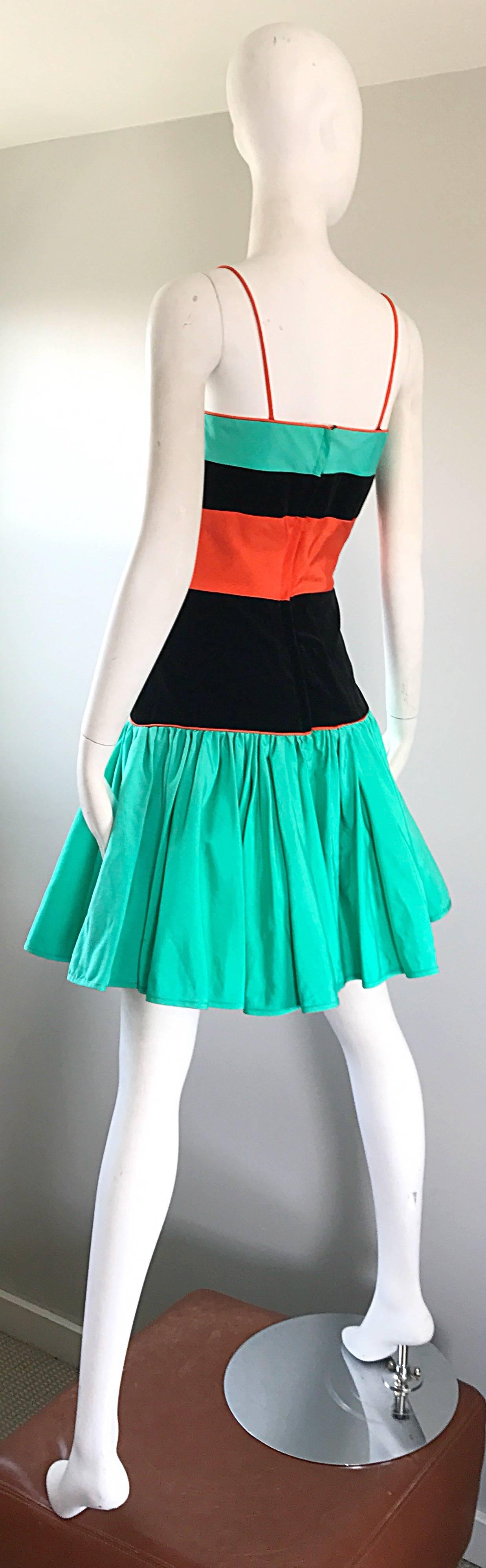 Increíble Vestido Vintage Barboglio Cristina + Jan Verde Naranja Negro Color Block en Excelente estado para la venta en San Diego, CA