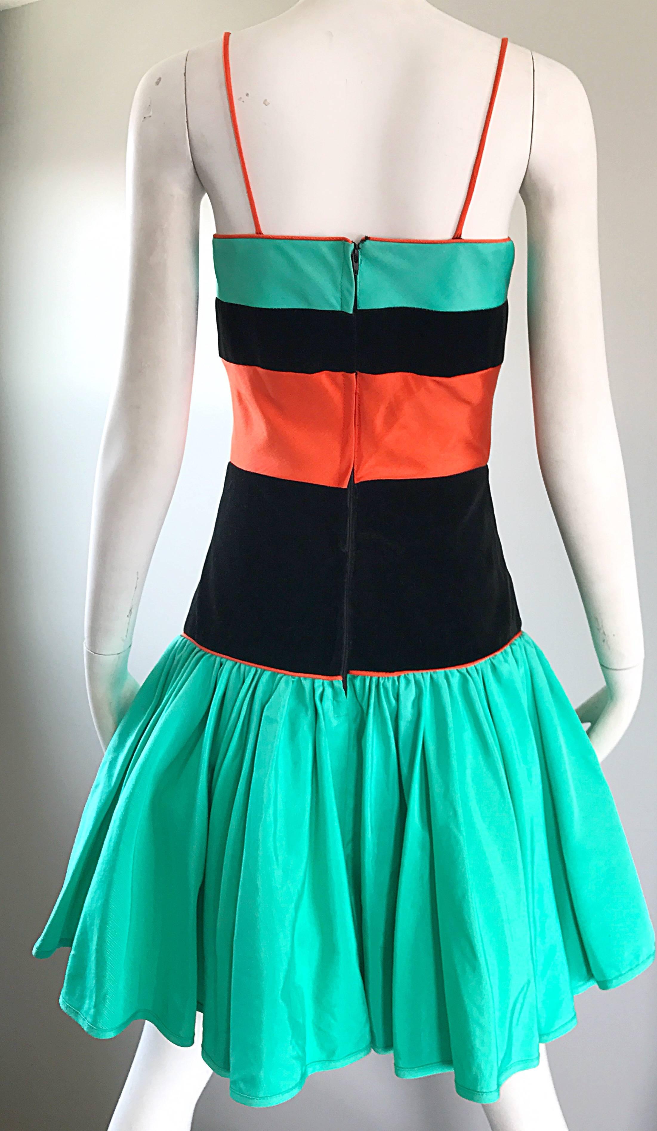 Increíble Vestido Vintage Barboglio Cristina + Jan Verde Naranja Negro Color Block en venta 2