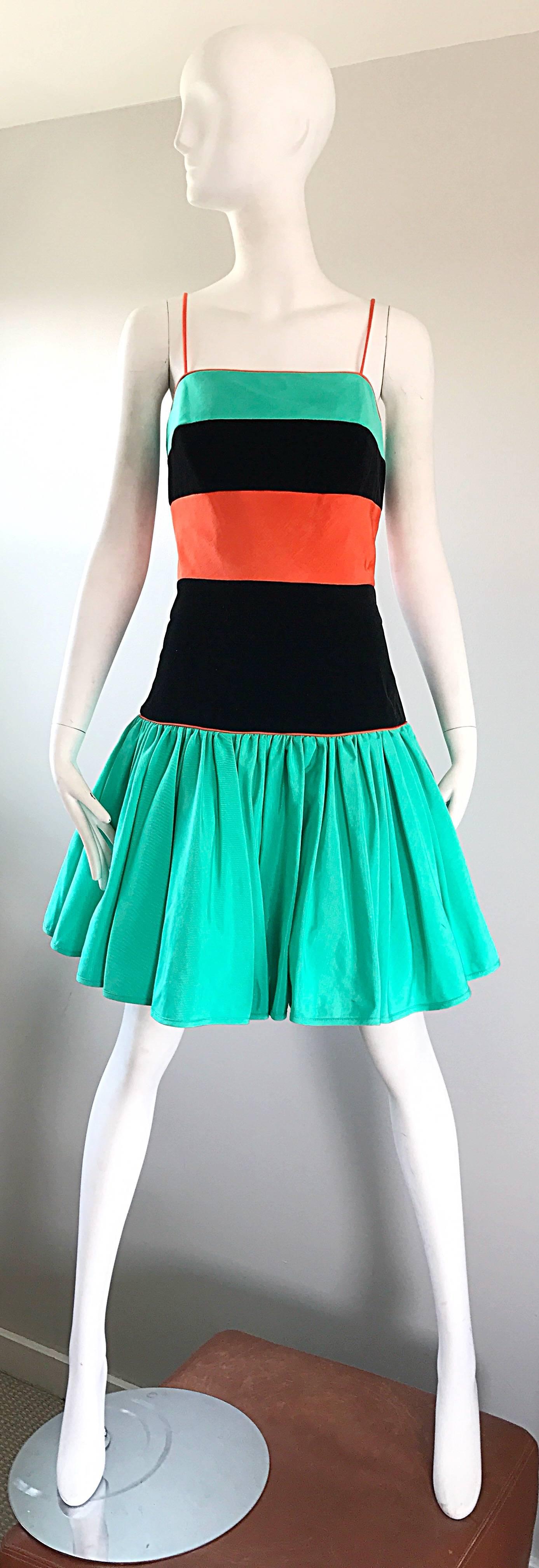 Increíble Vestido Vintage Barboglio Cristina + Jan Verde Naranja Negro Color Block en venta 3