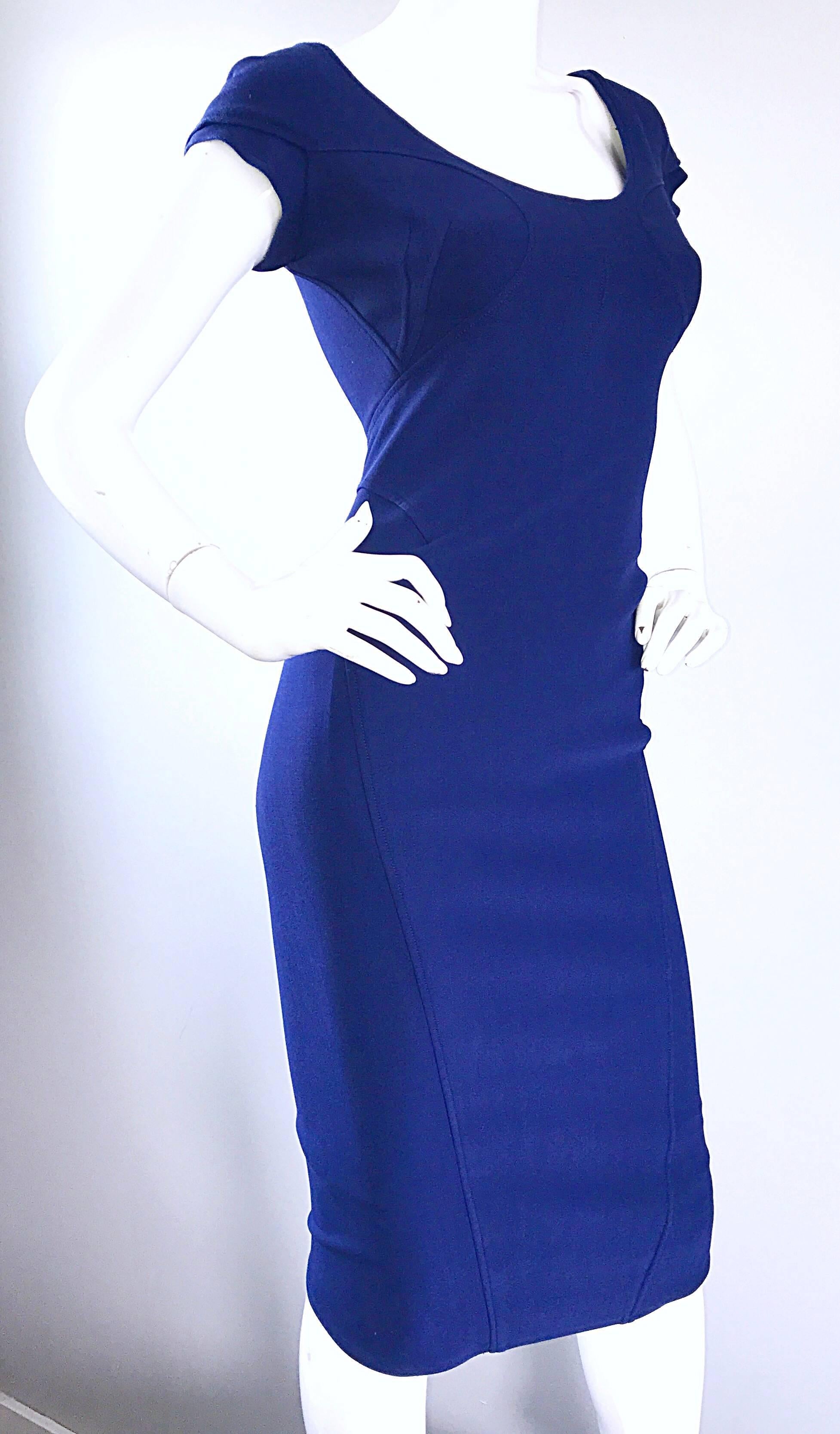 Zac Posen Principios de los 2000 Azul Marino Talla 2 / 4 Vestido Bodycon Manga Casquillo en venta 1