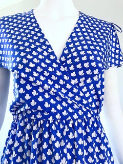 Vintage Pierre Cardin 1970s Blue + White Heart Print Flutter Sleeve 70s Dress