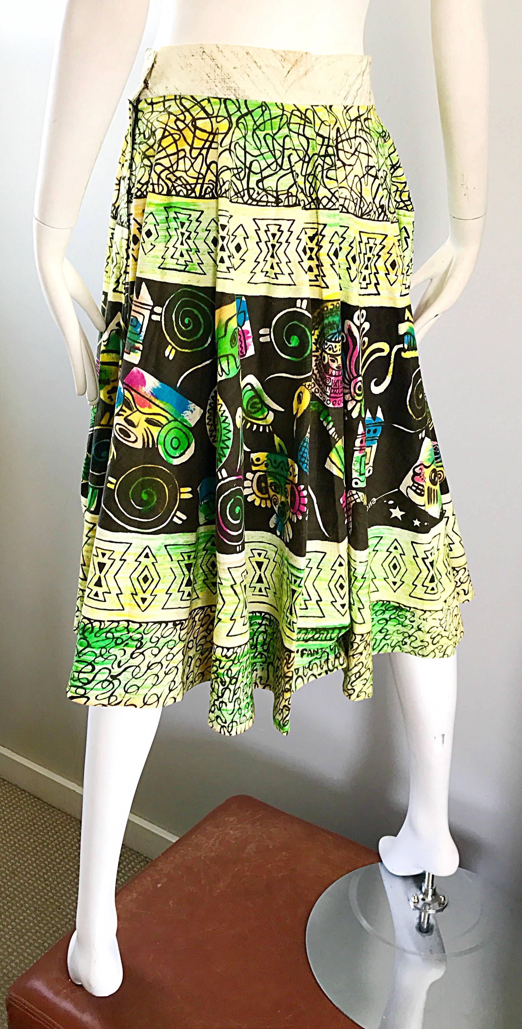 Green Rare 1950s Hand Painted Mexican Mayan Aztec Print Vintage 50s Full Circle Skirt For Sale