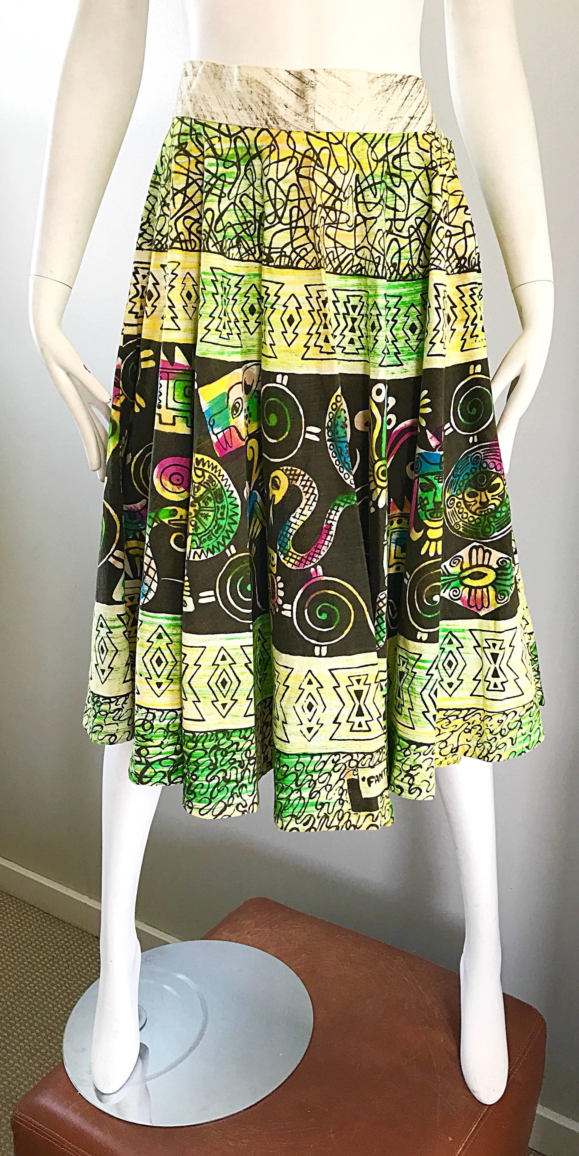 Rare 1950s Hand Painted Mexican Mayan Aztec Print Vintage 50s Full Circle Skirt For Sale 1